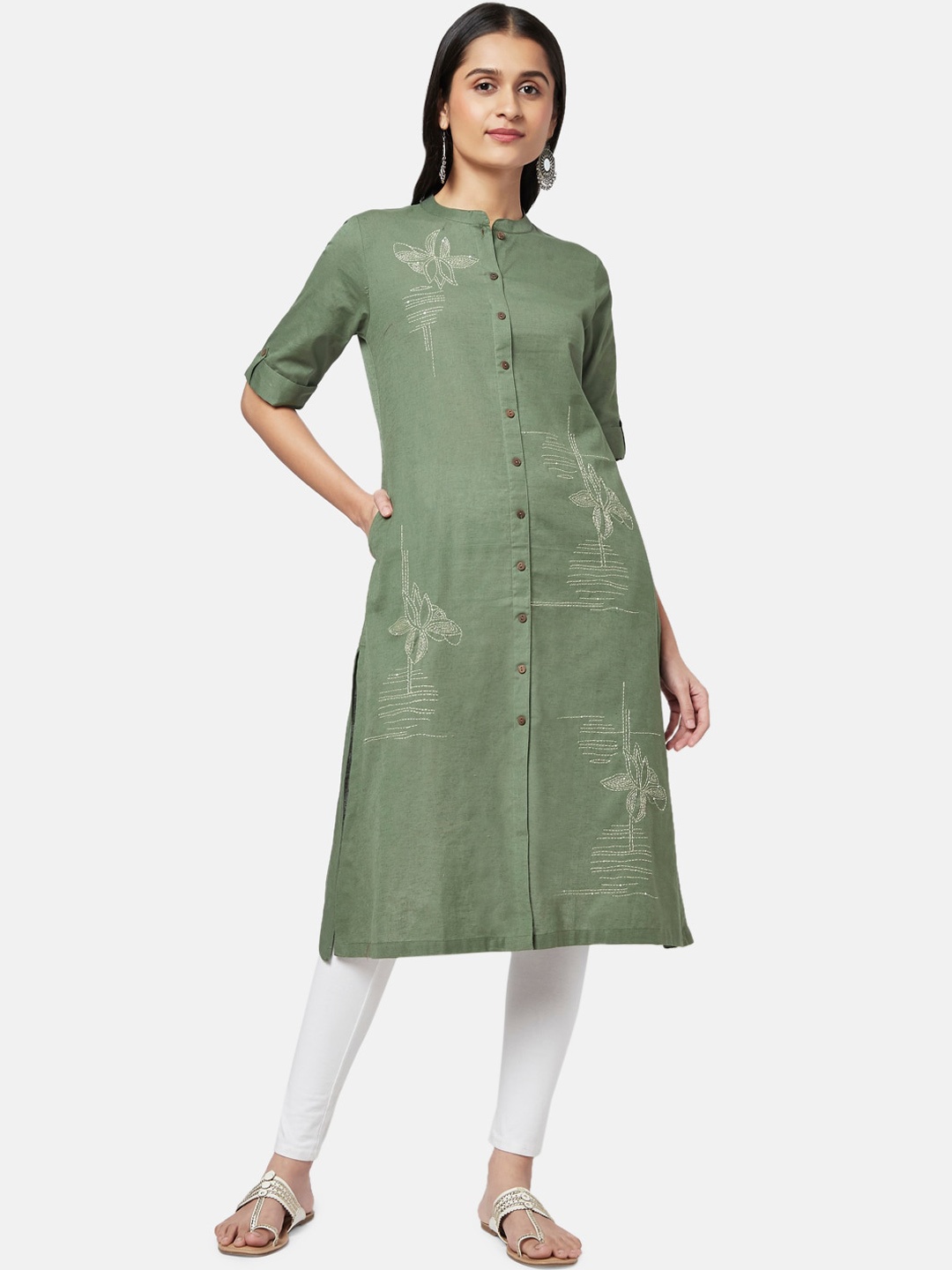 

RANGMANCH BY PANTALOONS Women Olive Green Floral Thread Work Pure Cotton Kurta