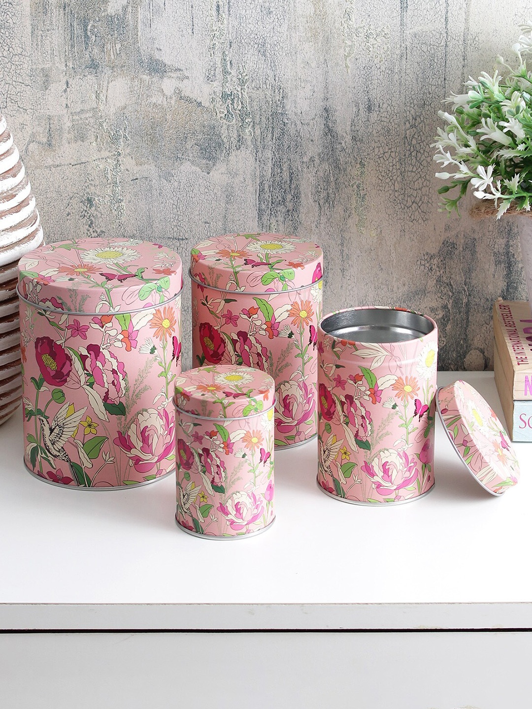 

A Vintage Affair- Home Decor Set Of 4 Pink Floral Printed Storage Jars With Lids