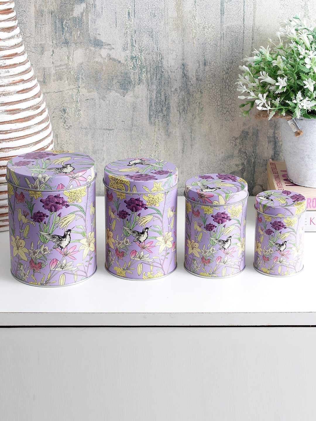 

A Vintage Affair- Home Decor Set Of 4 Purple Printed Metal Kitchen Storage Organisers