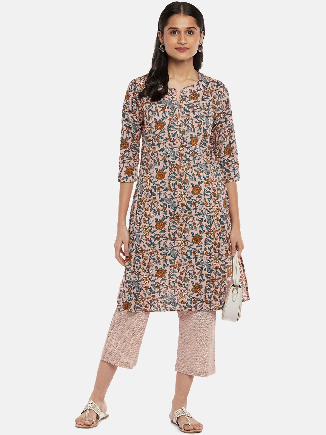 

RANGMANCH BY PANTALOONS Women Pink Floral Printed Pure Cotton Kurta with Trousers