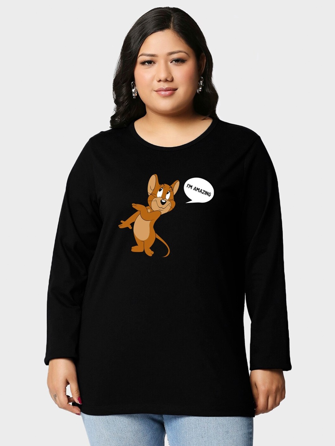 

Bewakoof Plus Women Plus Size Black Printed Cotton T-shirt