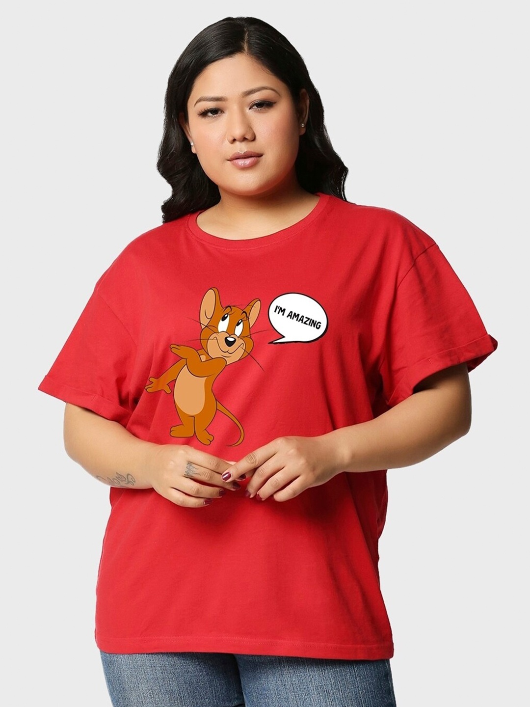

Bewakoof Plus Women Plus Size Red Printed Cotton T-shirt