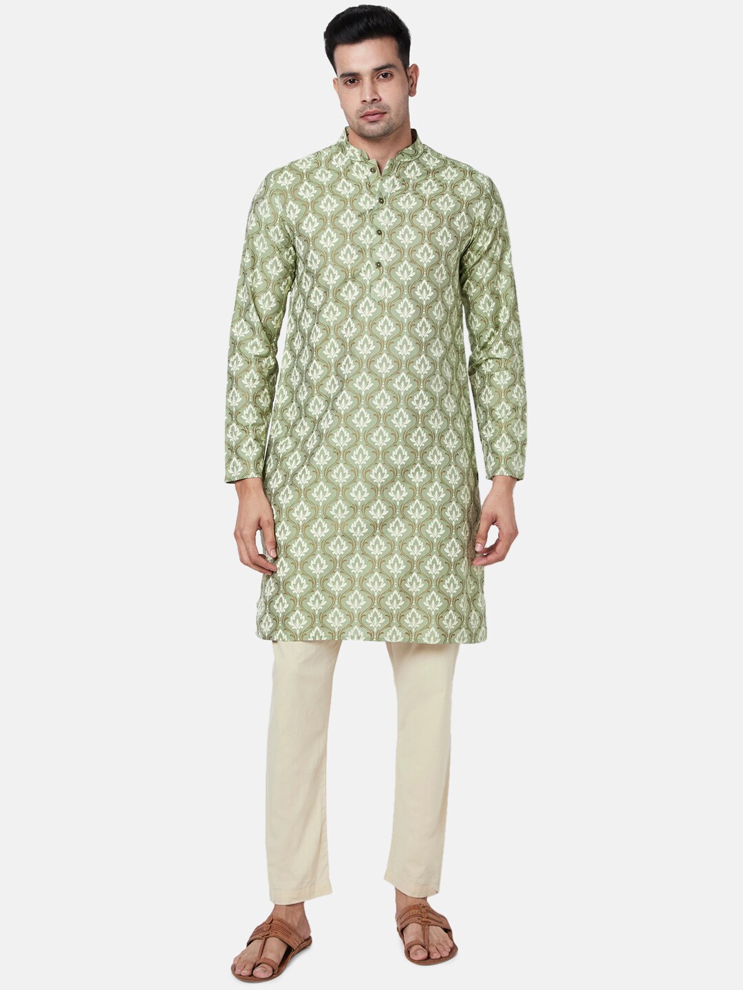 

indus route by Pantaloons Men Olive Green Ethnic Motifs Printed Kurta