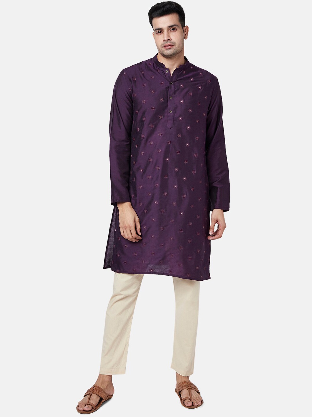 

indus route by Pantaloons Men Purple Ethnic Motifs Embroidered Thread Work Kurta