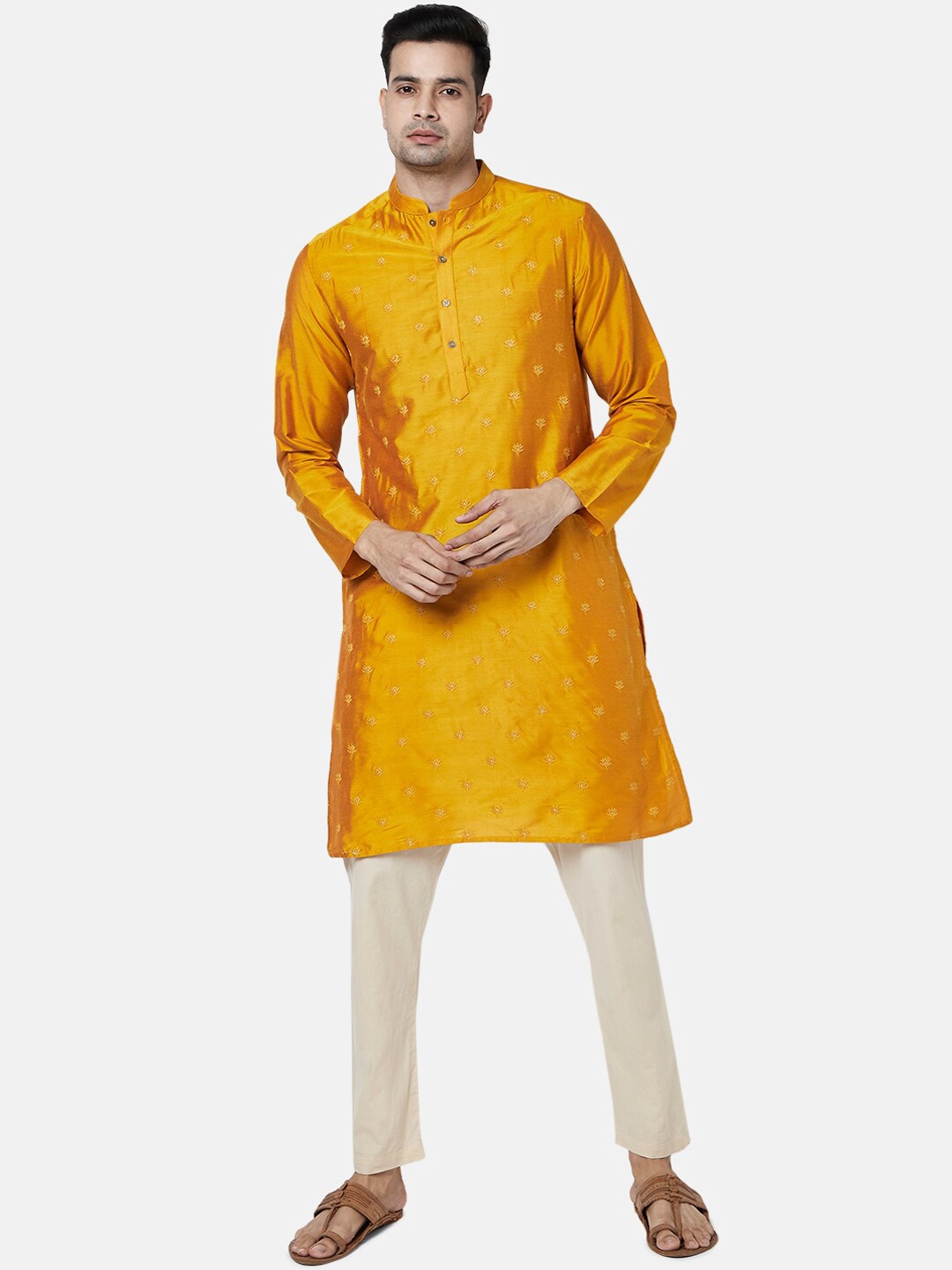 

indus route by Pantaloons Men Mustard Yellow Floral Embroidered Thread Work Kurta