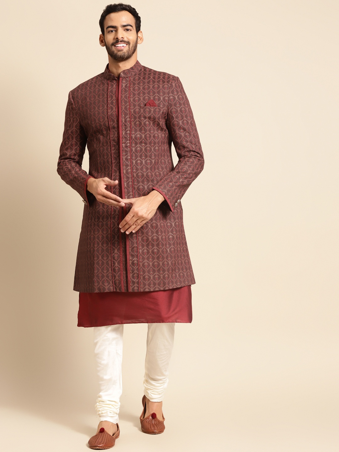 

KISAH Men Printed Cotton Indowestern Sherwani Set, Maroon