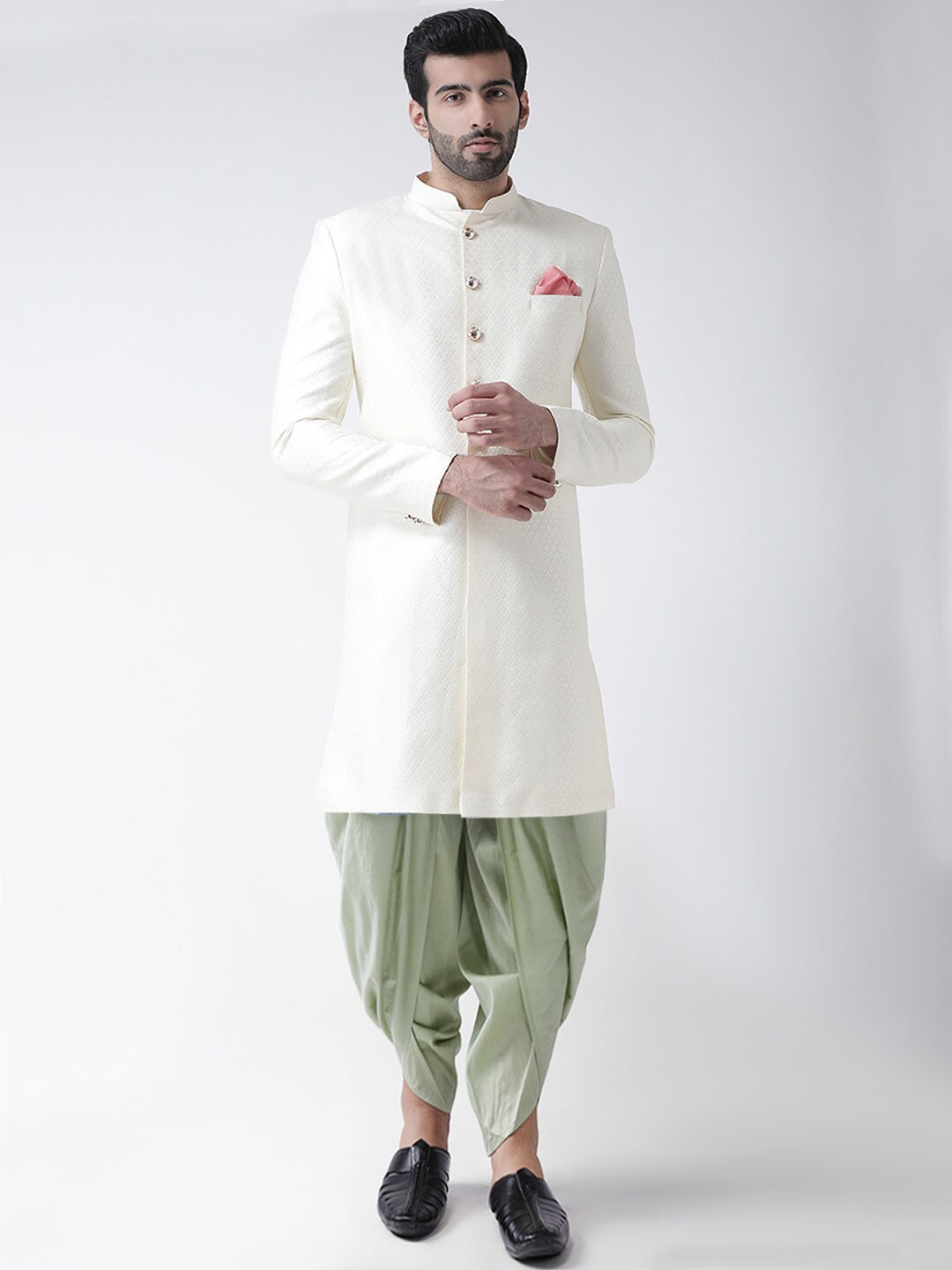 

KISAH Men Solid Cotton Indowestern Sherwani Set, White
