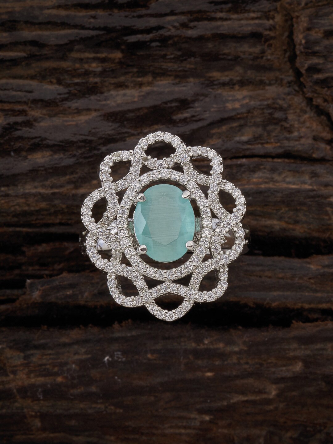 

Kushal's Fashion Jewellery Rhodium-Plated & Sea Green CZ Studded Finger Ring, Silver