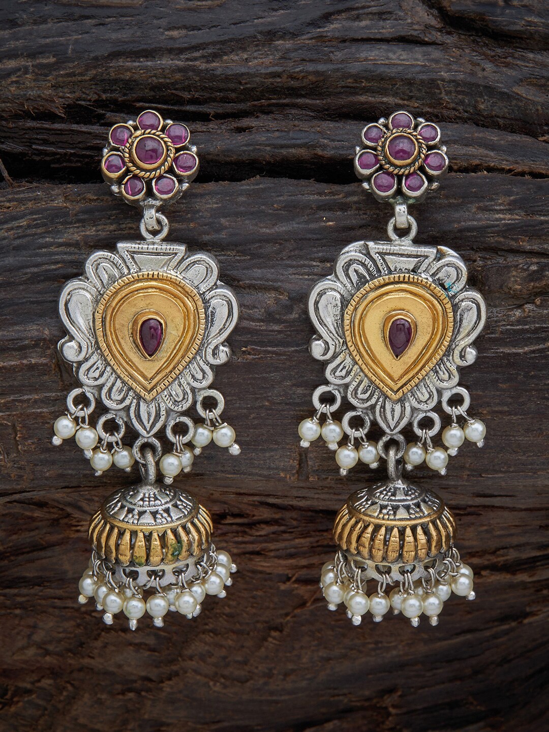 

Kushal's Fashion Jewellery Pink Gold-Plated Floral Jhumkas Earrings