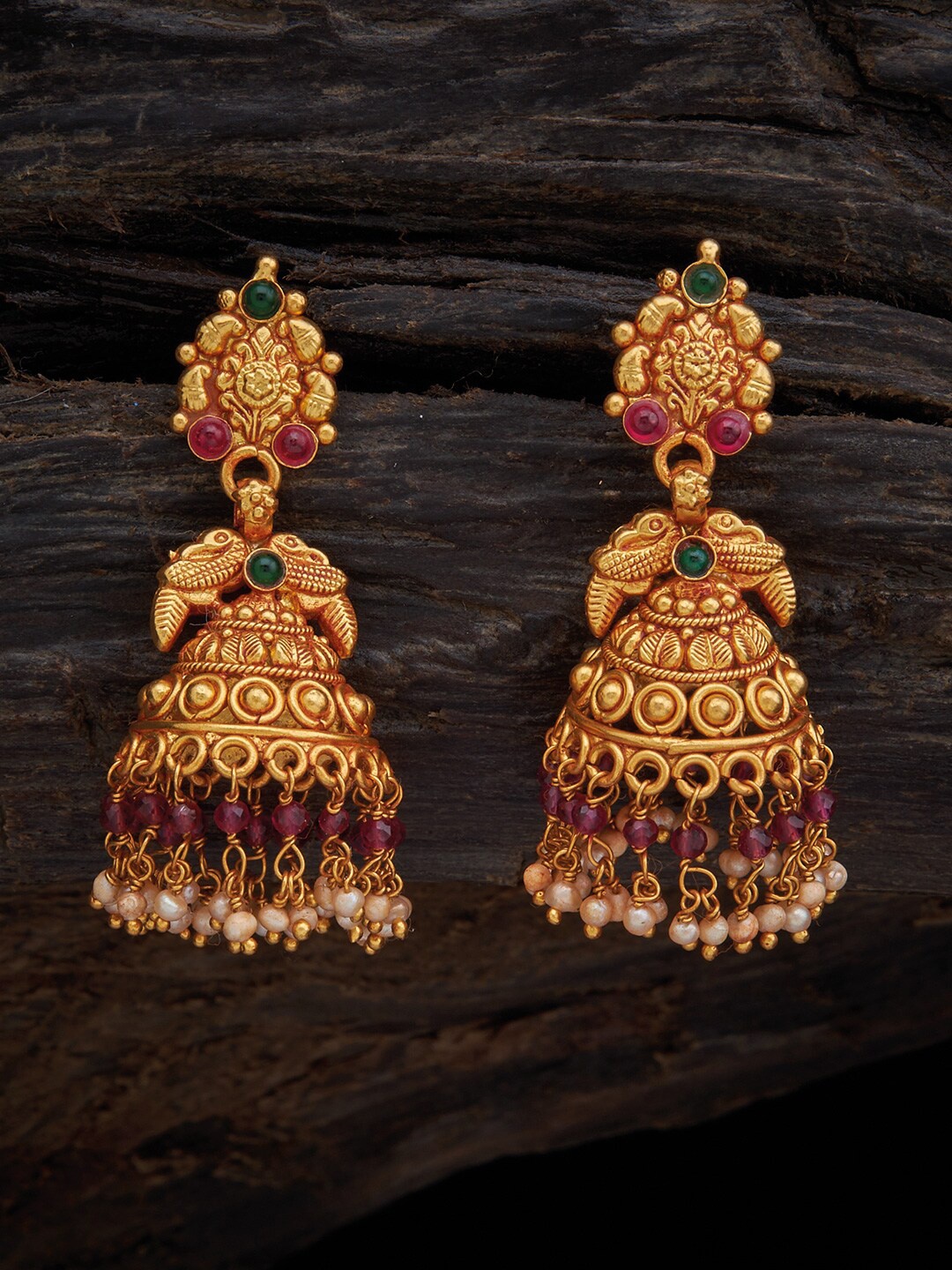 

Kushal's Fashion Jewellery Red & Gold Plated Classic Jhumkas Earrings