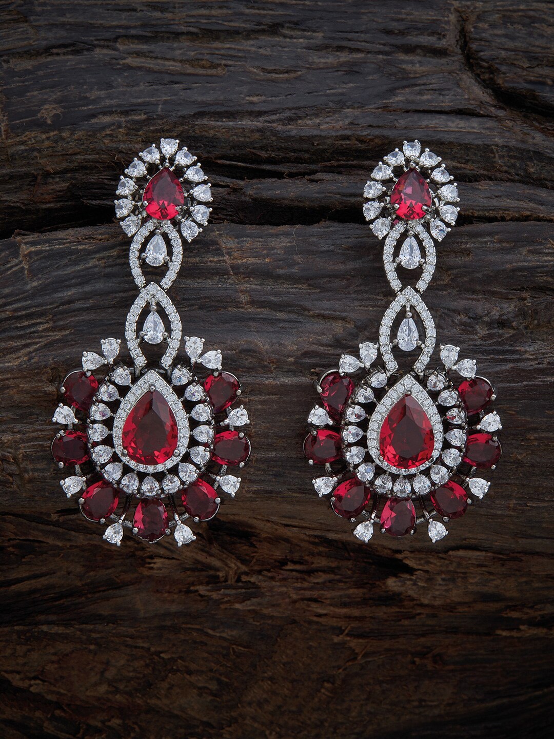 

Kushal's Fashion Jewellery Red & Silver-Toned Rhodium Plated Floral Drop Earrings