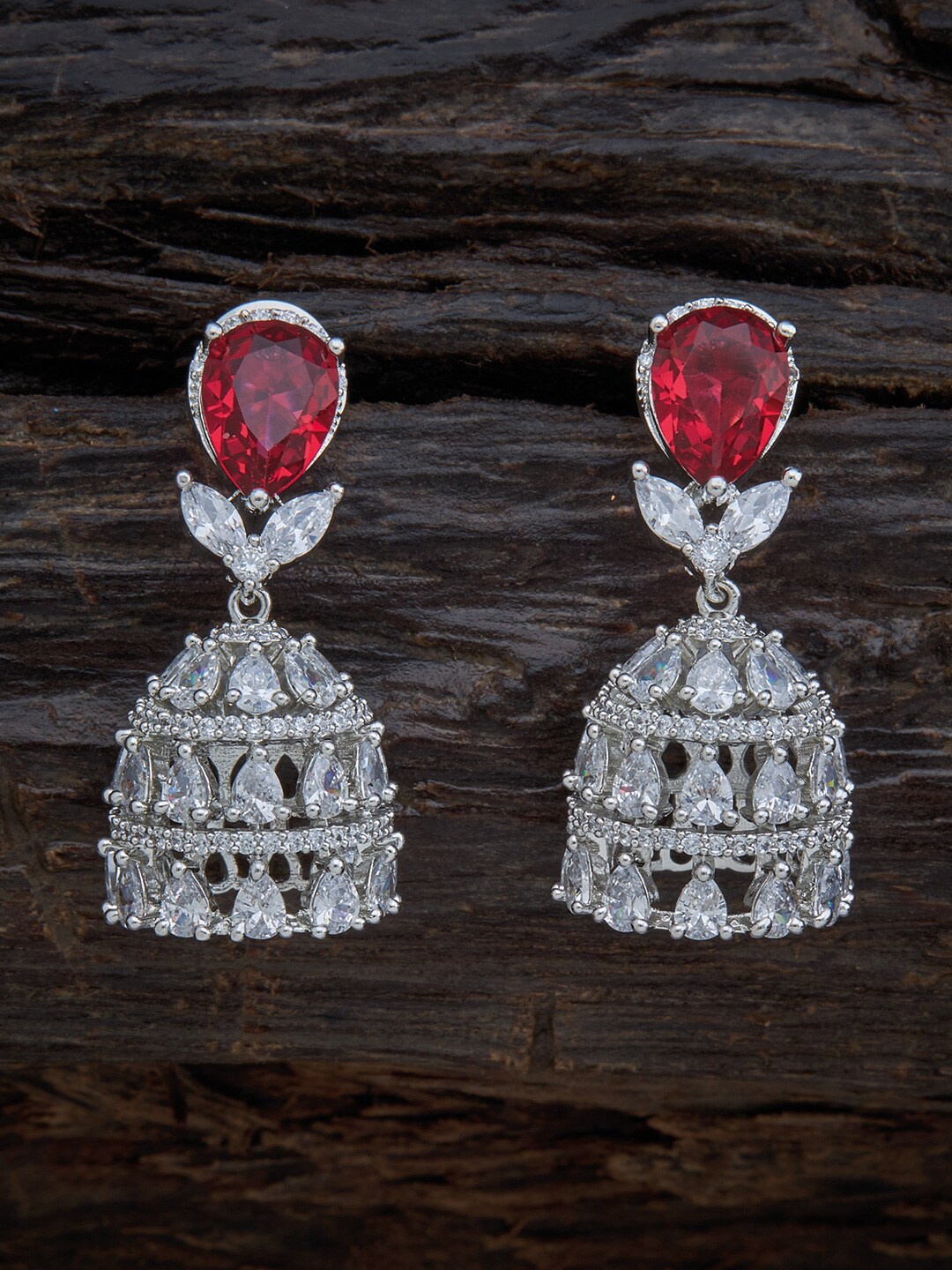 

Kushal's Fashion Jewellery Red & Rhodium Plated Contemporary Jhumkas Earrings