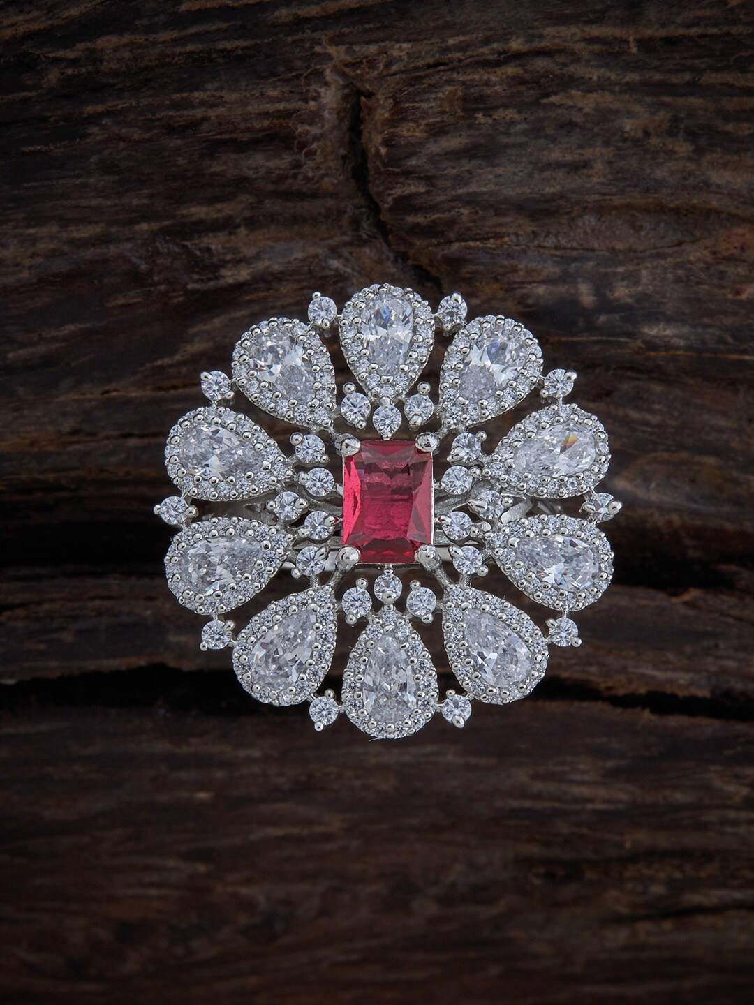 

Kushal's Fashion Jewellery Rhodium-Plated & Red CZ Studded Finger Ring, Silver