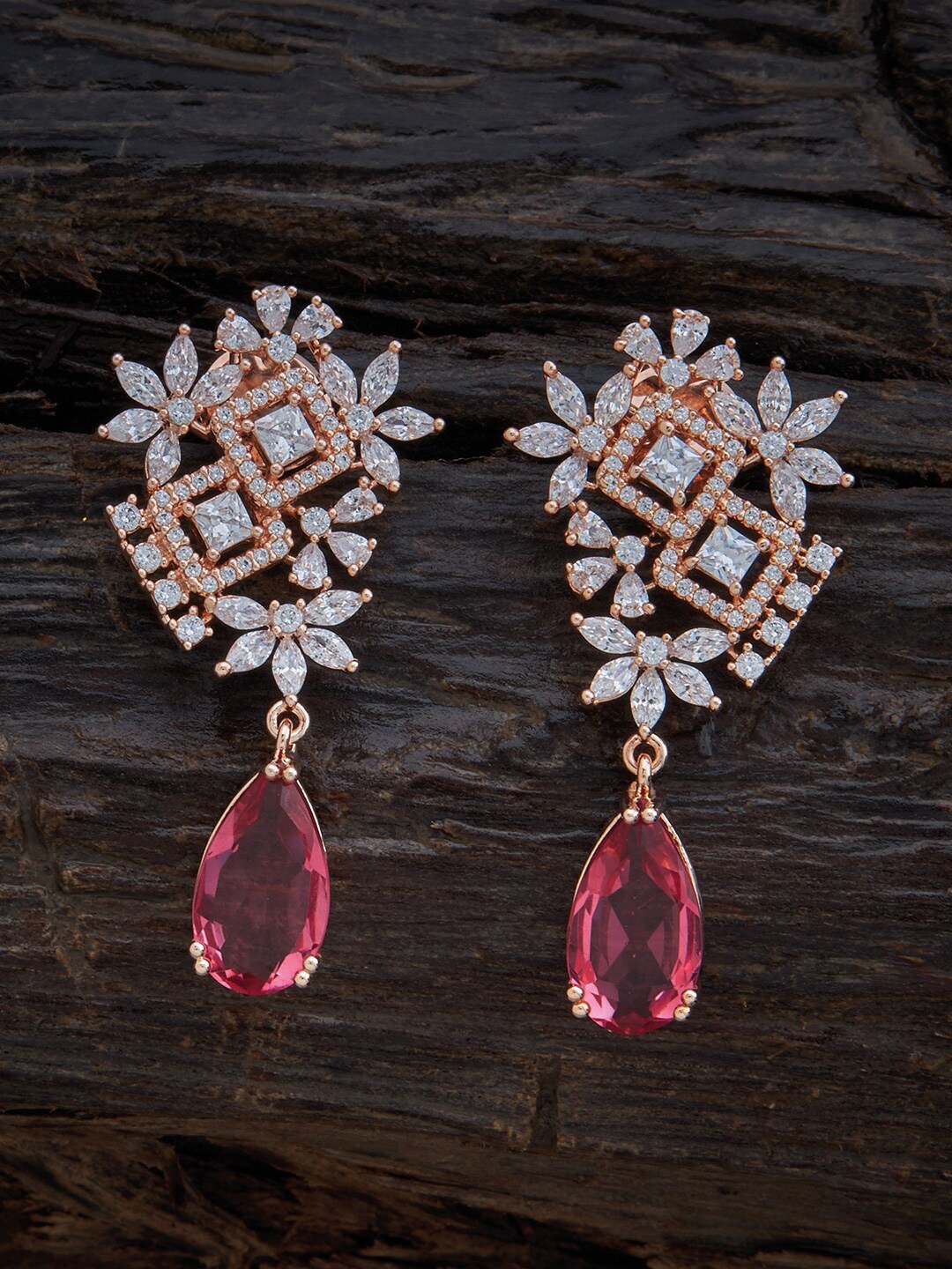 

Kushal's Fashion Jewellery Women Green Rose Gold Plated Floral Drop Earrings