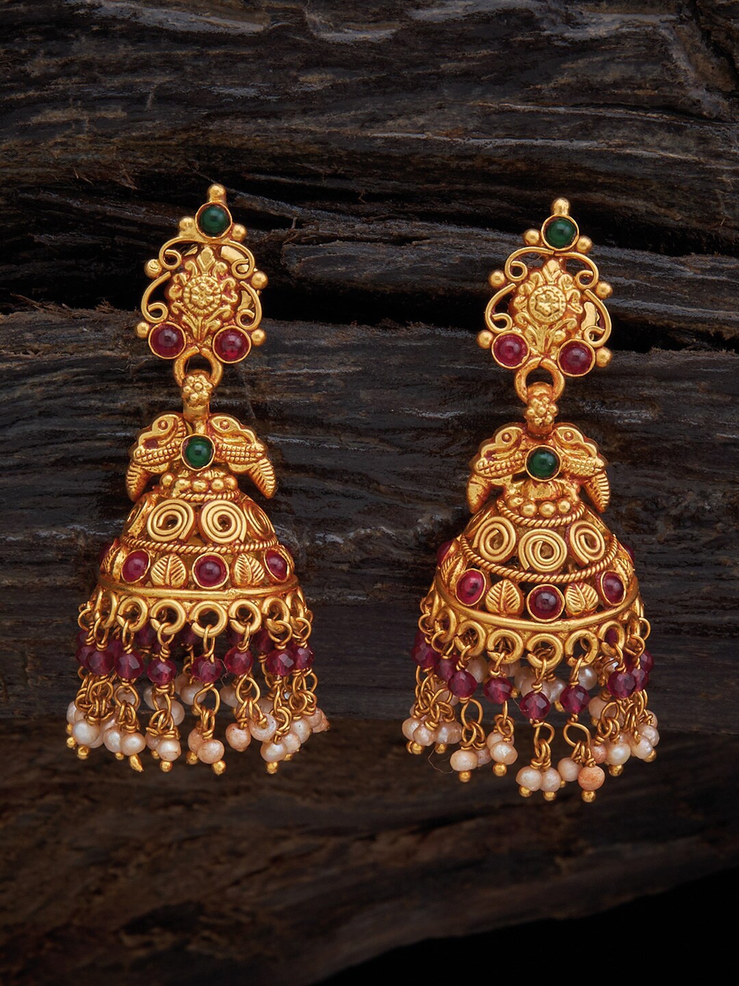 

Kushal's Fashion Jewellery Women Red 92.5 Pure Silver Temple Jhumkas Earrings