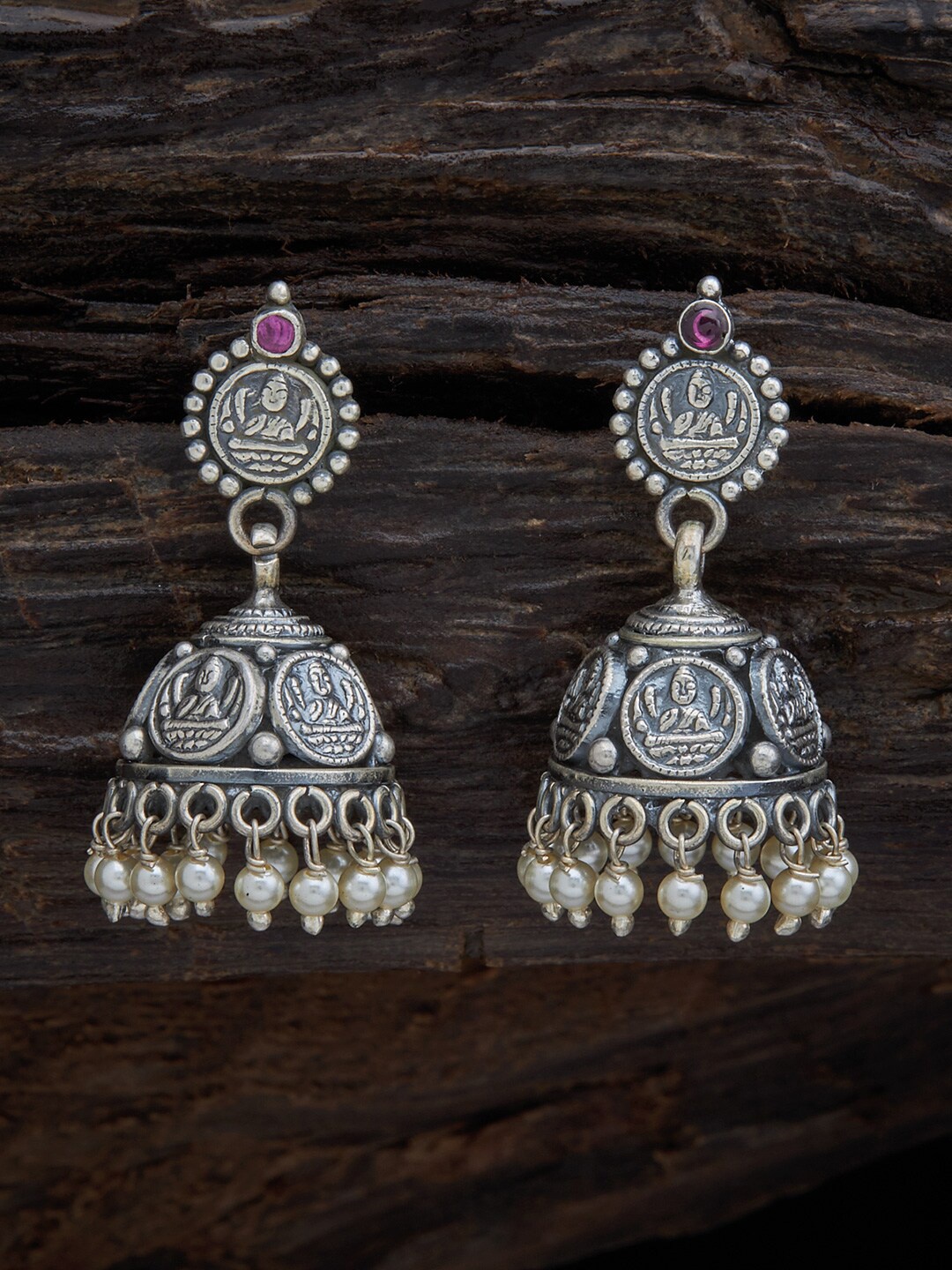 

Kushal's Fashion Jewellery Rhodium-Plated Red Classic Jhumkas Earrings, Silver