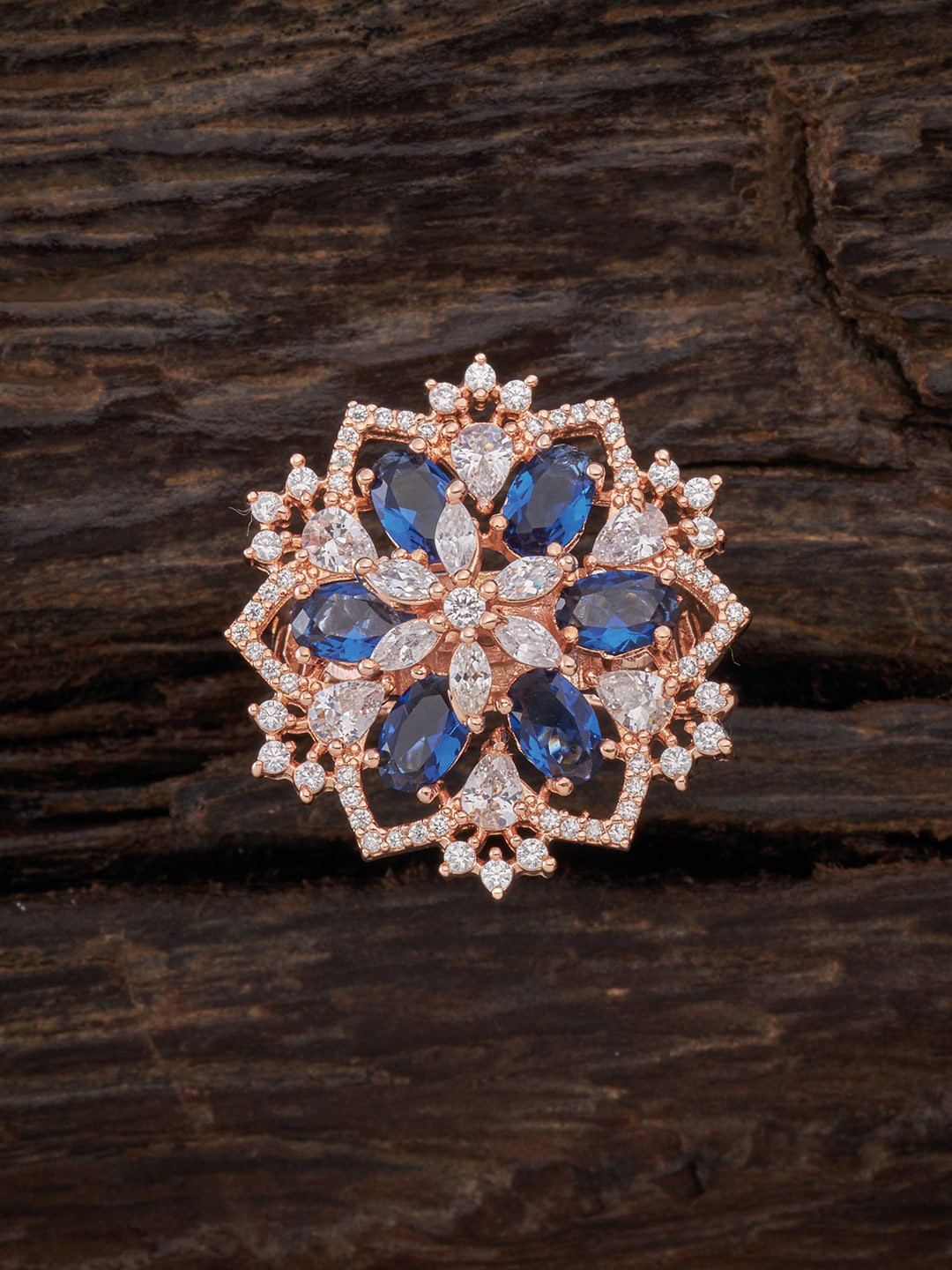 

Kushal's Fashion Jewellery Rose Gold-Plated Blue CZ-Studded Adjustable Finger Ring