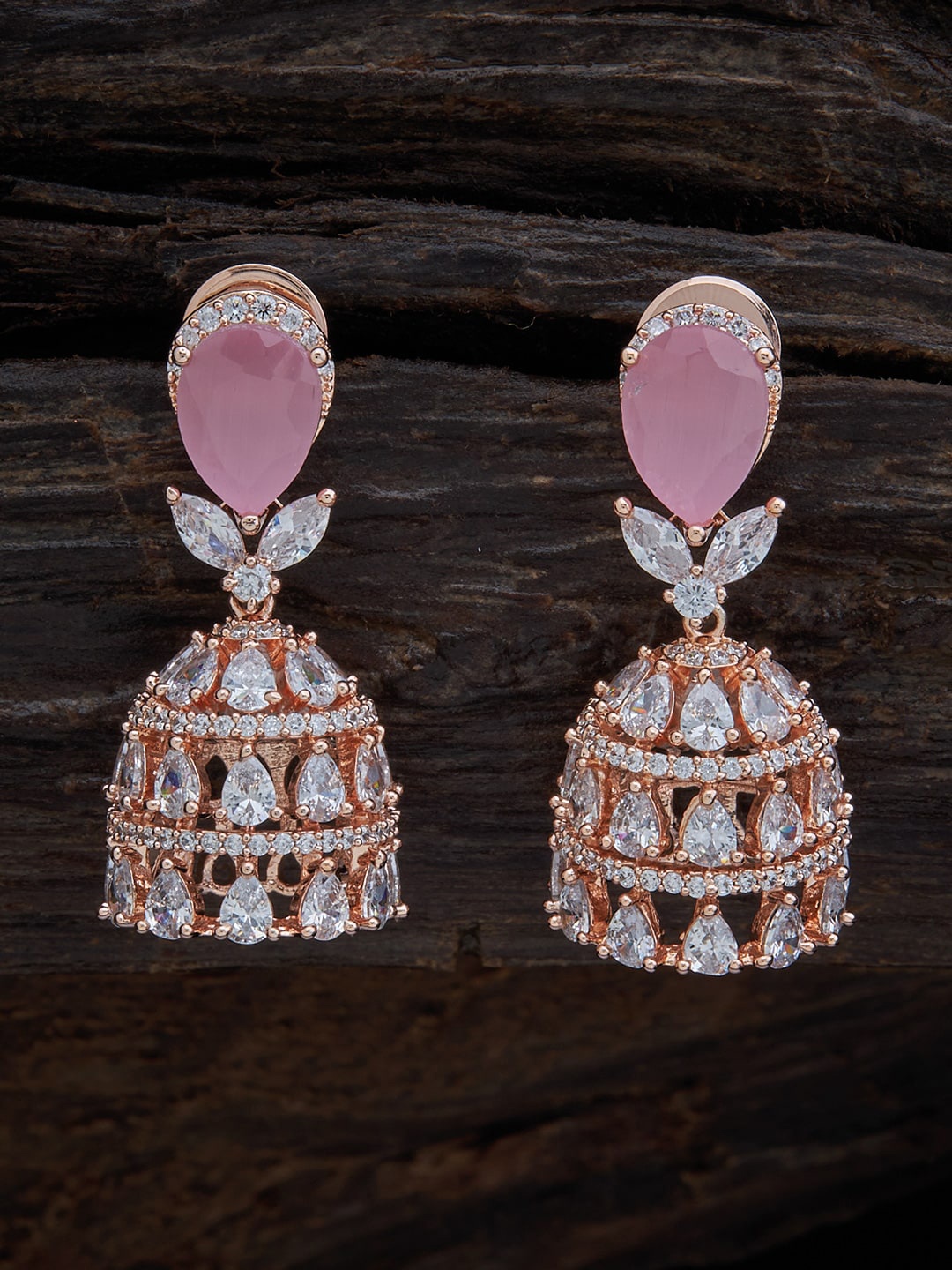 

Kushal's Fashion Jewellery Pink & Rose Gold Plated Dome Shaped Jhumkas Earrings