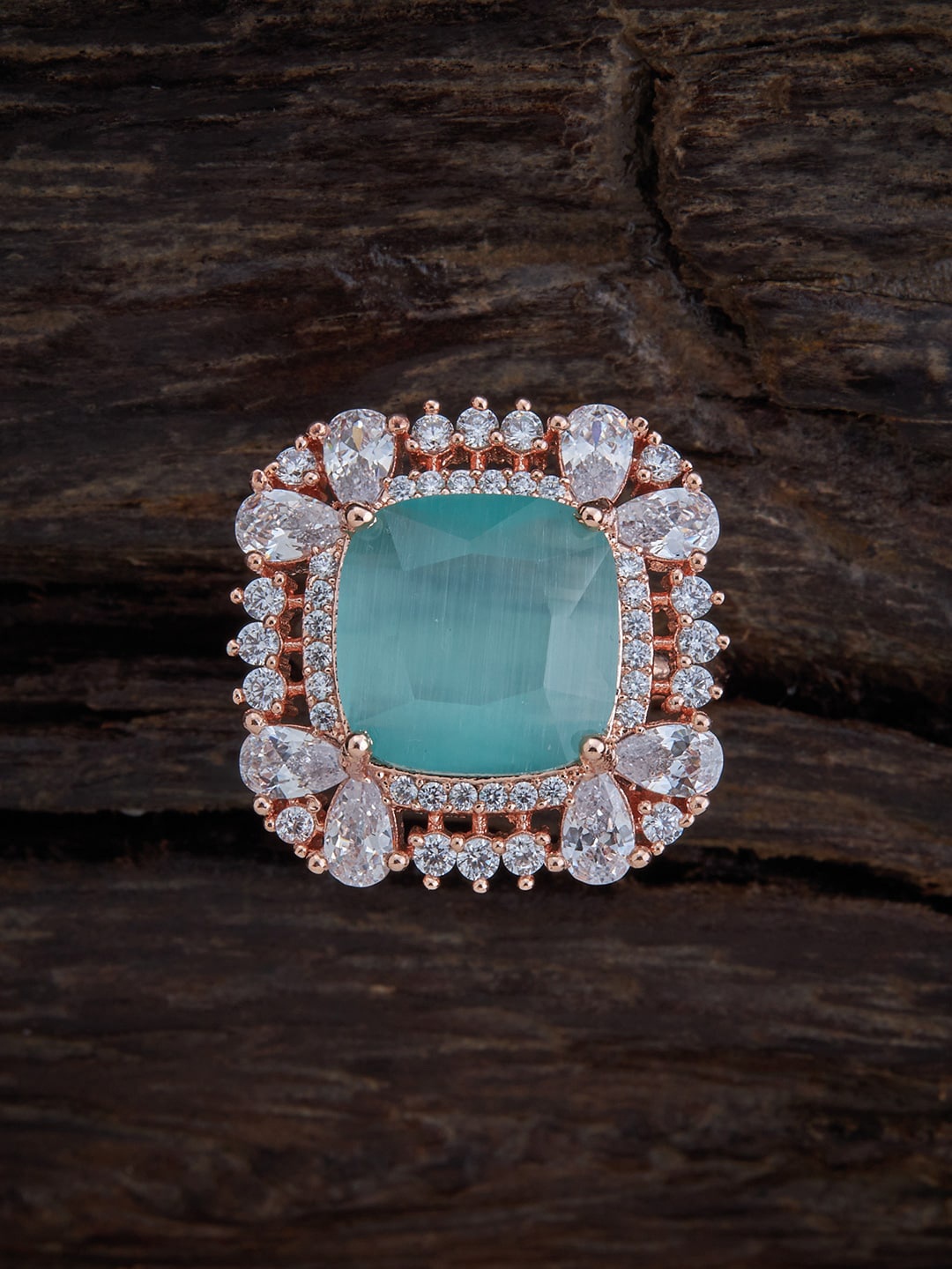 

Kushal's Fashion Jewellery Rose Gold-Plated & Sea Green CZ Studded Finger Ring