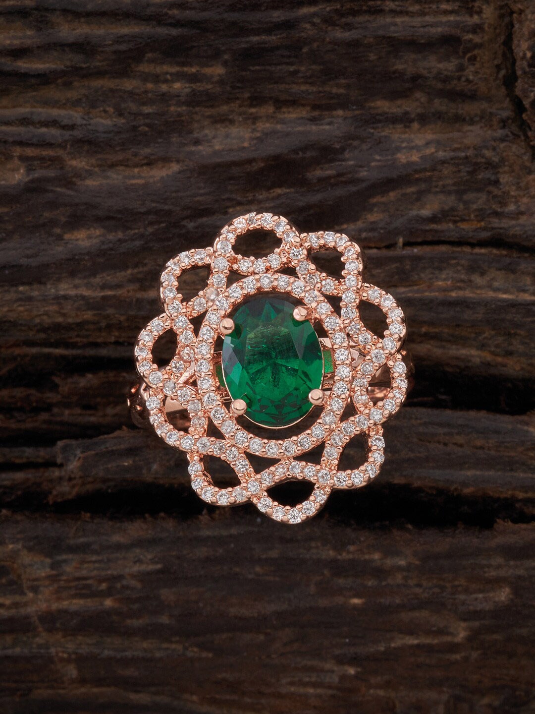 

Kushal's Fashion Jewellery Rose Gold-Plated & Green CZ-Studded Finger Ring