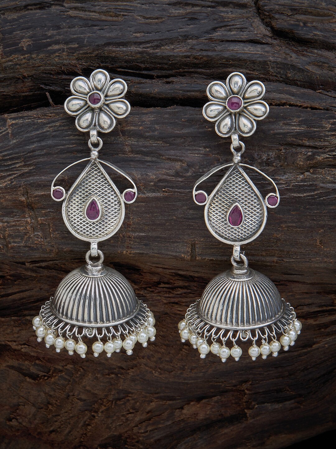 

Kushal's Fashion Jewellery Silver & Red Oxidised Floral Jhumkas Earrings
