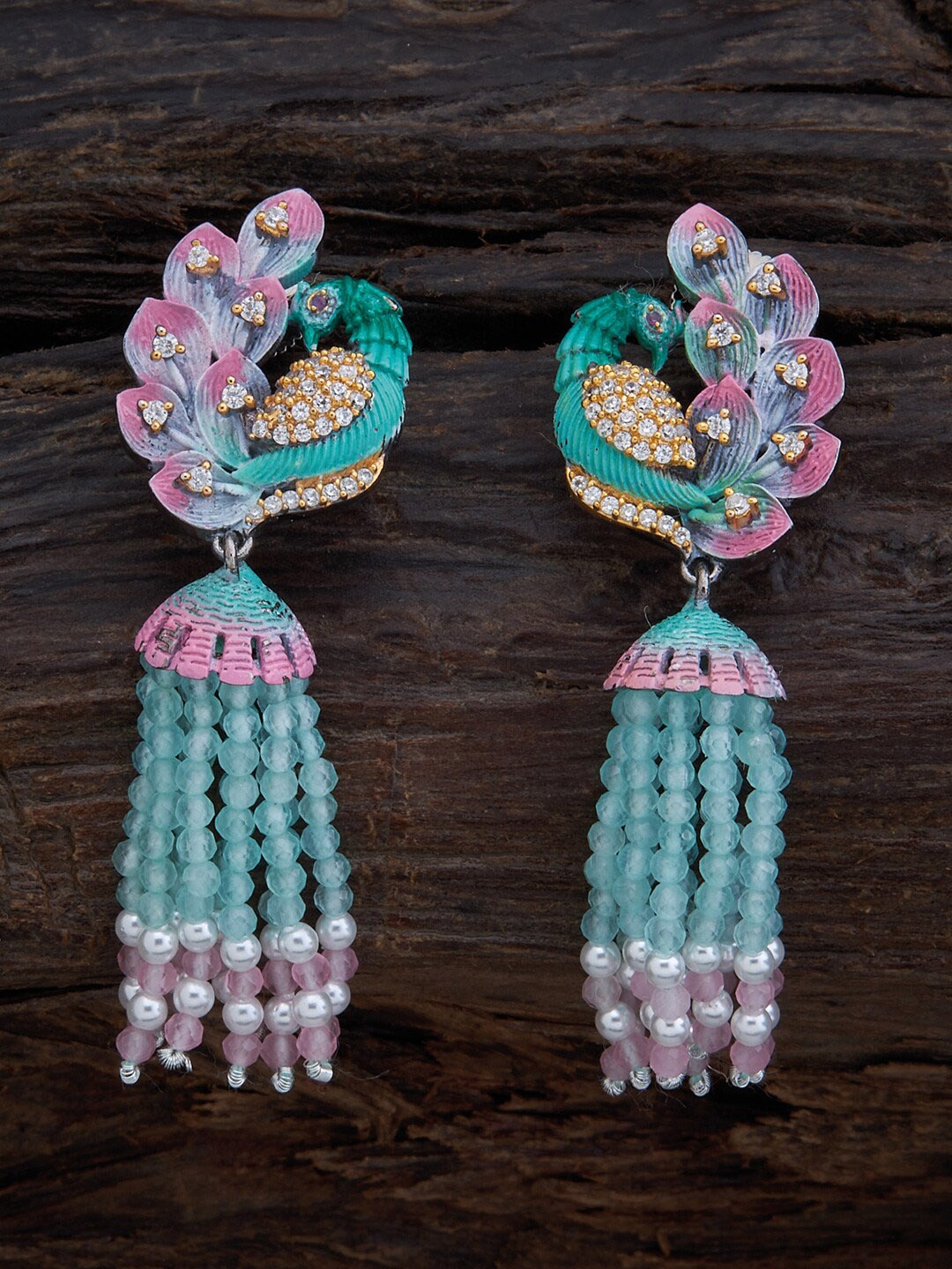 

Kushal's Fashion Jewellery Rhodium-Plated Pink Peacock Shaped Drop Earrings