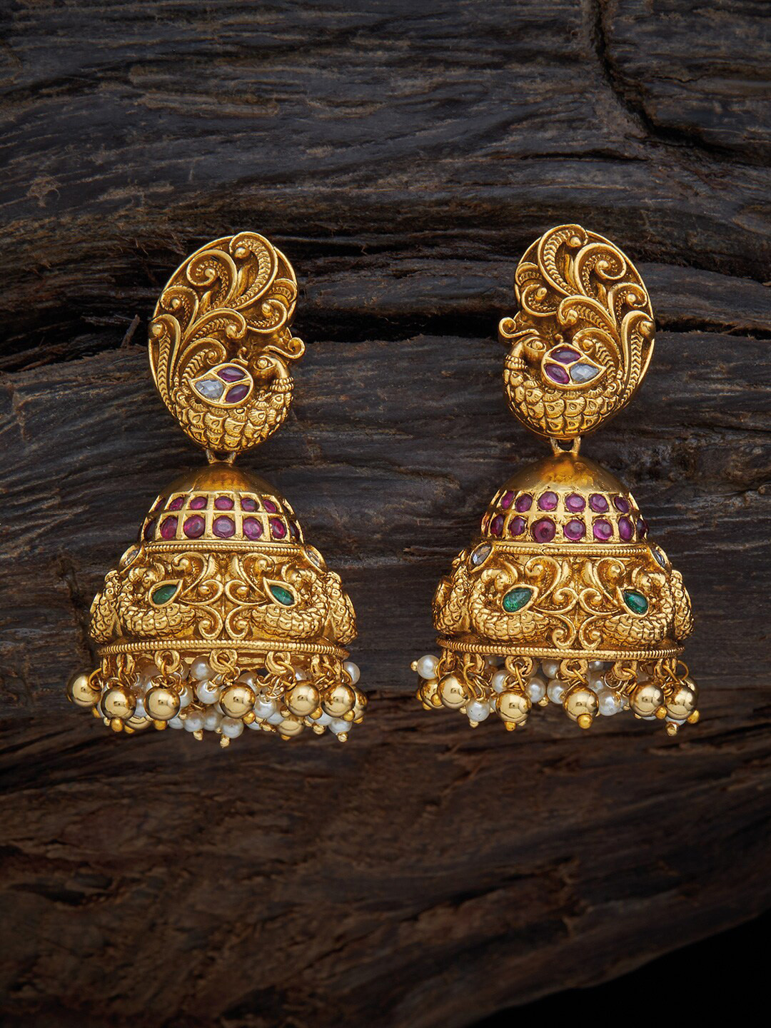

Kushal's Fashion Jewellery Gold-Toned & Green Classic Jhumkas Earrings