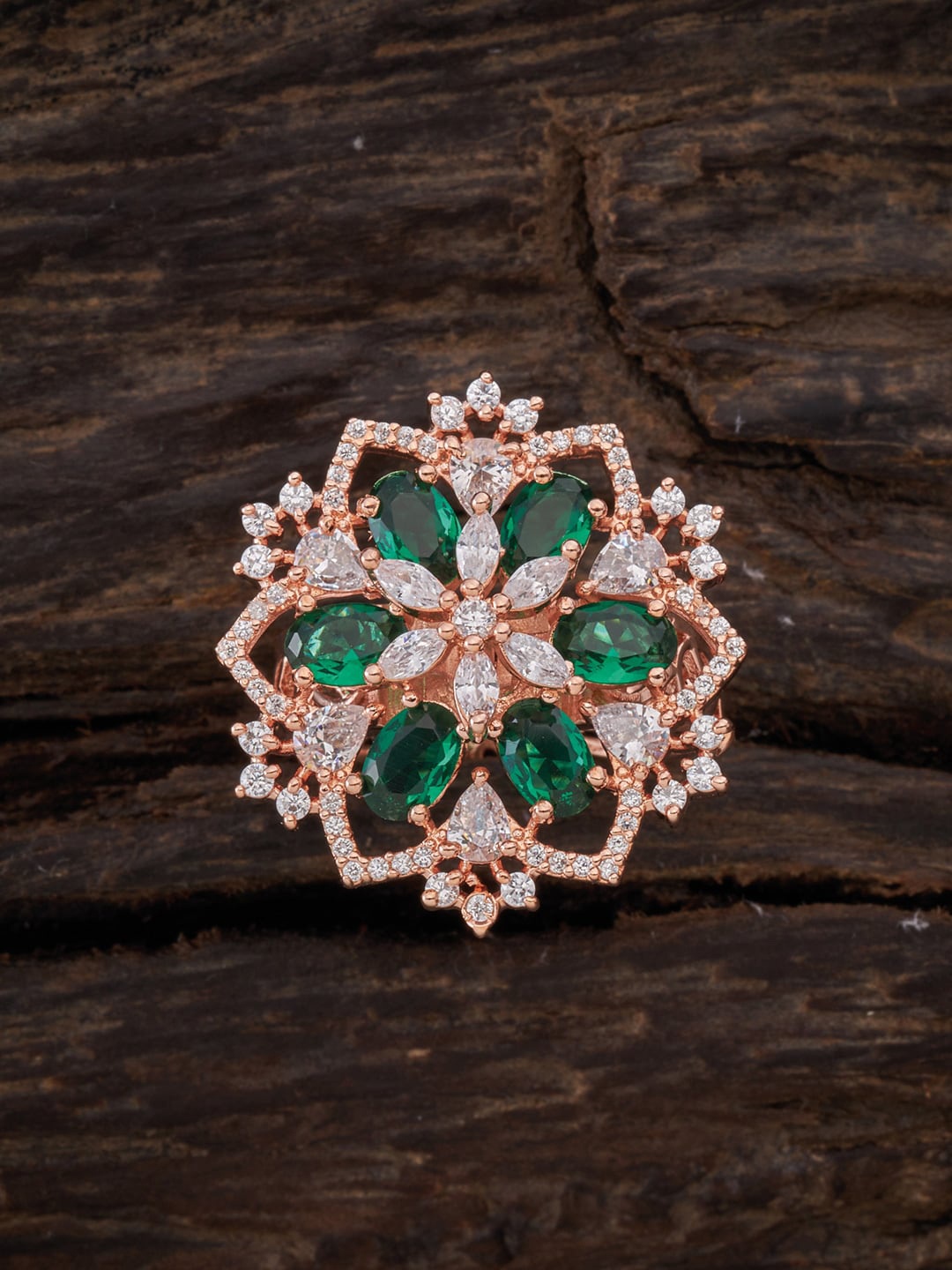 

Kushal's Fashion Jewellery Rose Gold-Plated White & Green CZ Studded Finger Ring