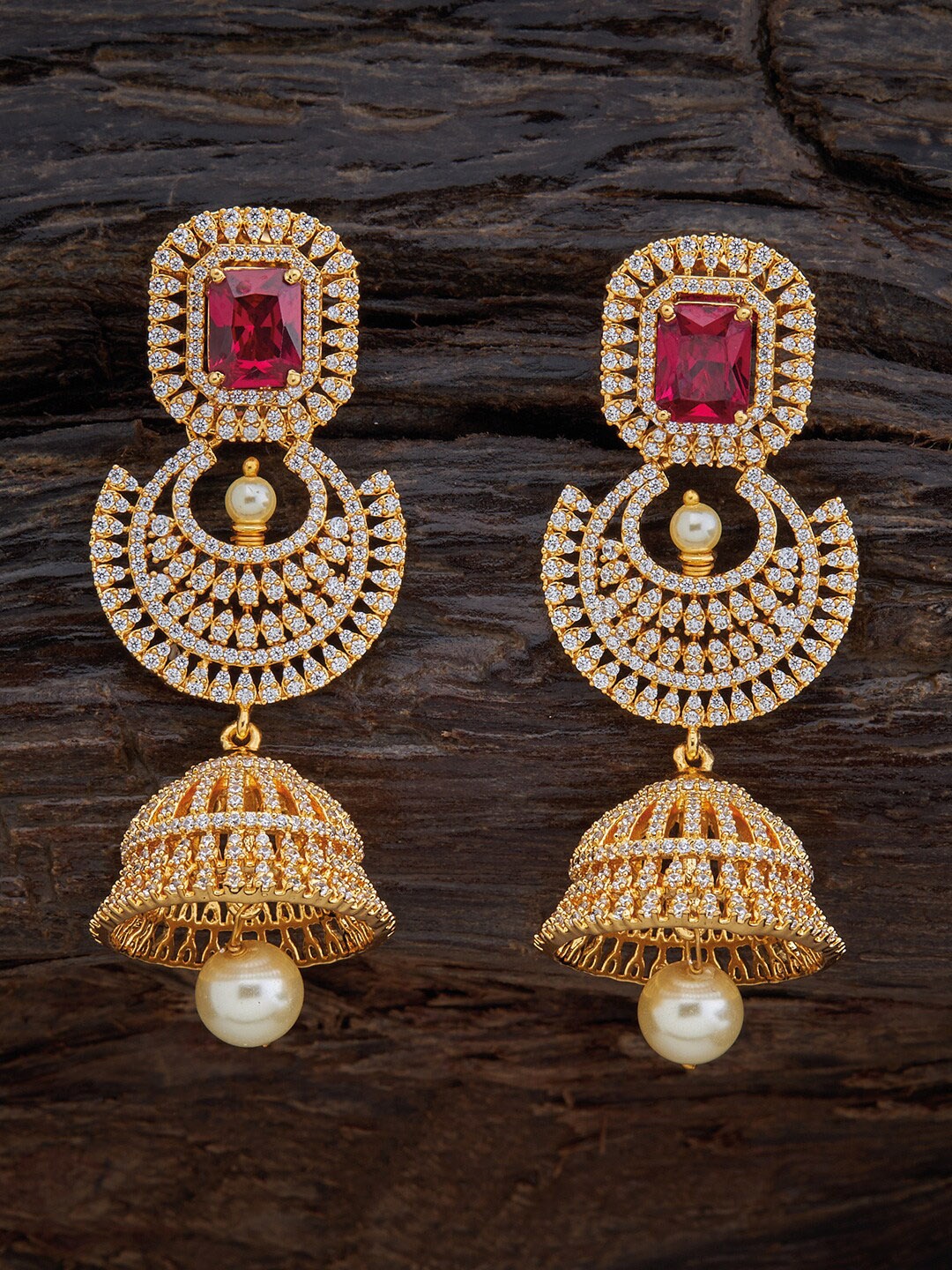 

Kushal's Fashion Jewellery Gold-Toned & Red Dome Shaped Jhumkas Earrings