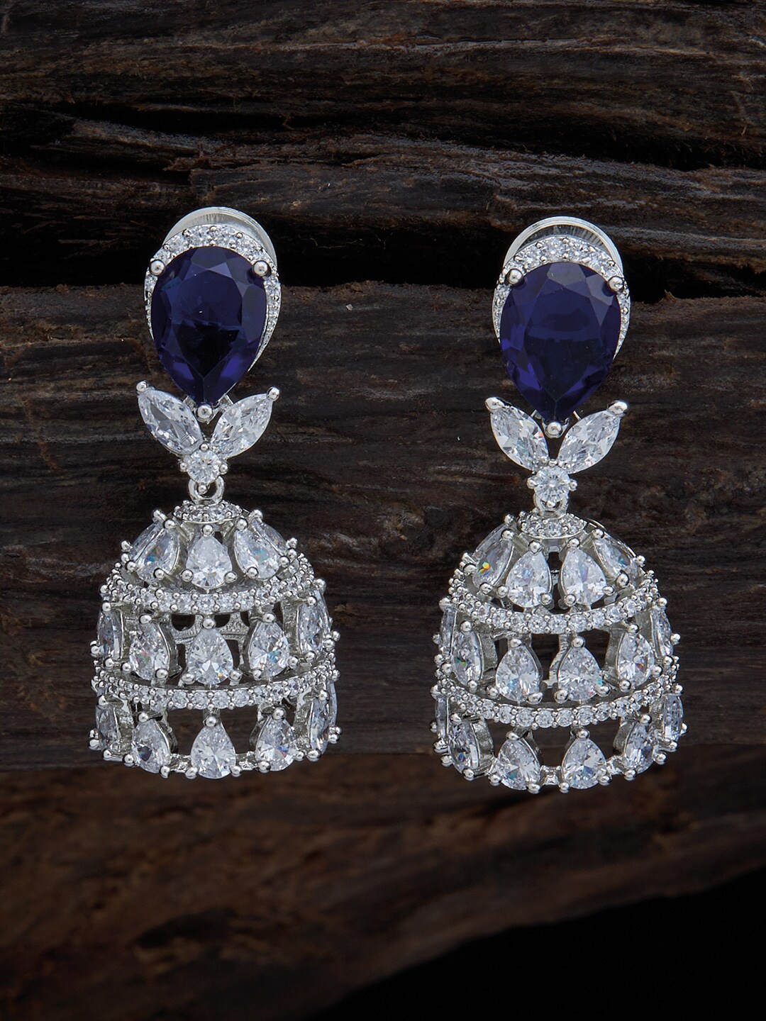

Kushal's Fashion Jewellery Blue & White Rhodium-Plated Dome Shaped Jhumkas Earrings