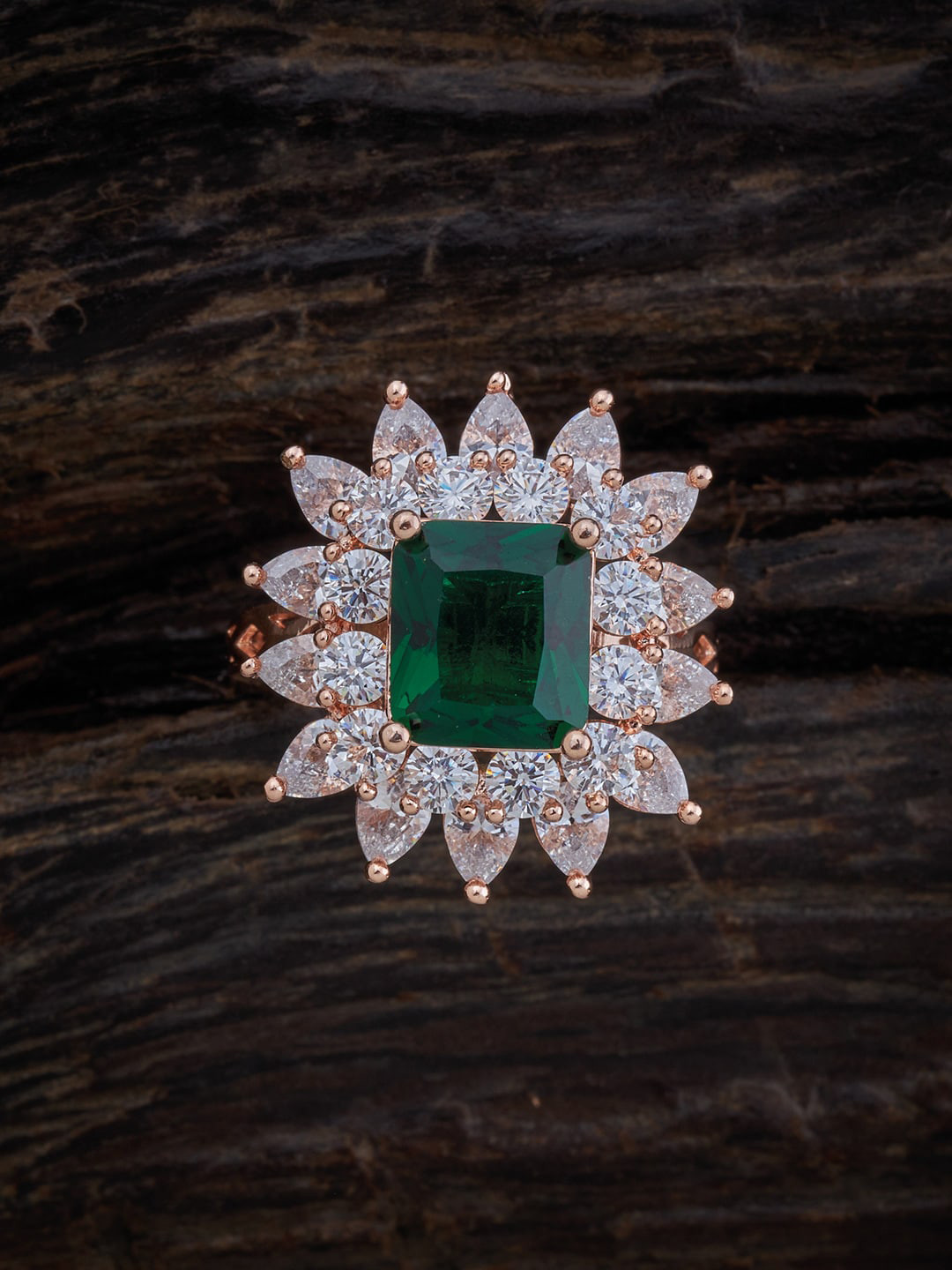 

Kushal's Fashion Jewellery Rose Gold-Plated & Green CZ Stone-Studded Finger Ring