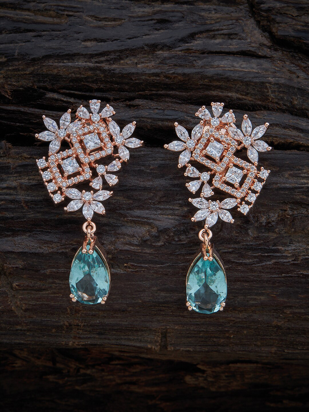 

Kushal's Fashion Jewellery Sea Green & White Rose-Gold Plated Cubic Zirconia Drop Earrings