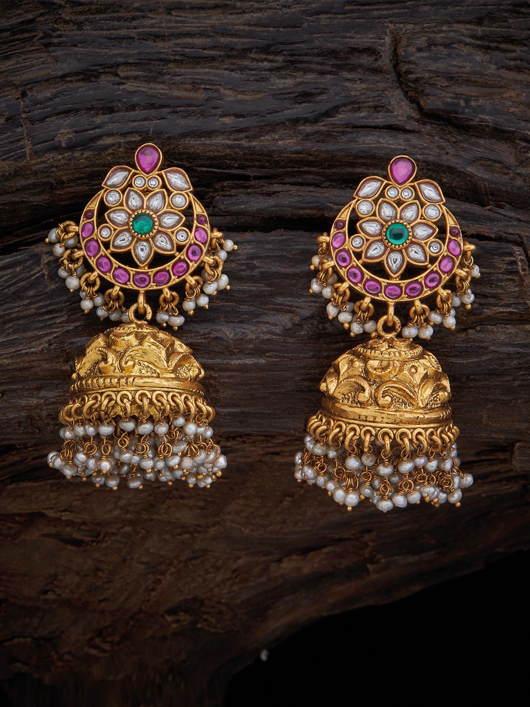

Kushal's Fashion Jewellery Gold-Toned & Red Gold-Plated Dome Shaped Jhumkas Earrings