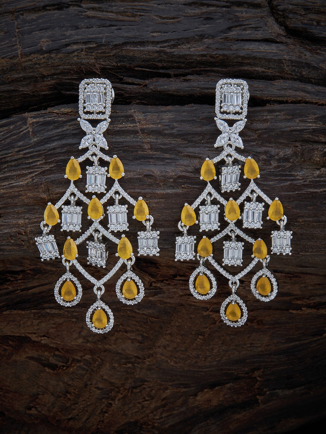 

Kushal's Fashion Jewellery Yellow & Silver-Toned Teardrop Shaped Drop Earrings