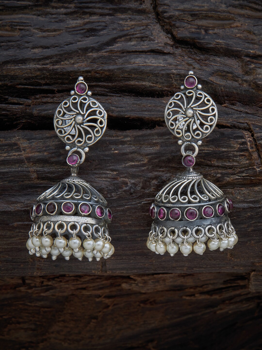 

Kushal's Fashion Jewellery Red & Rhodium Plated Classic Jhumkas Earrings