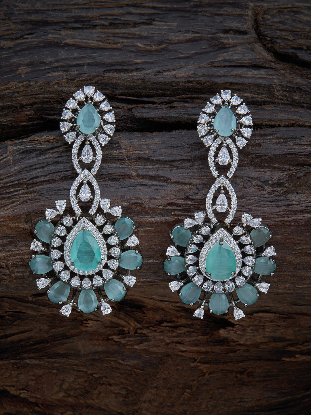 

Kushal's Fashion Jewellery Sea Green & White Rhodium-Plated Floral Drop Earrings