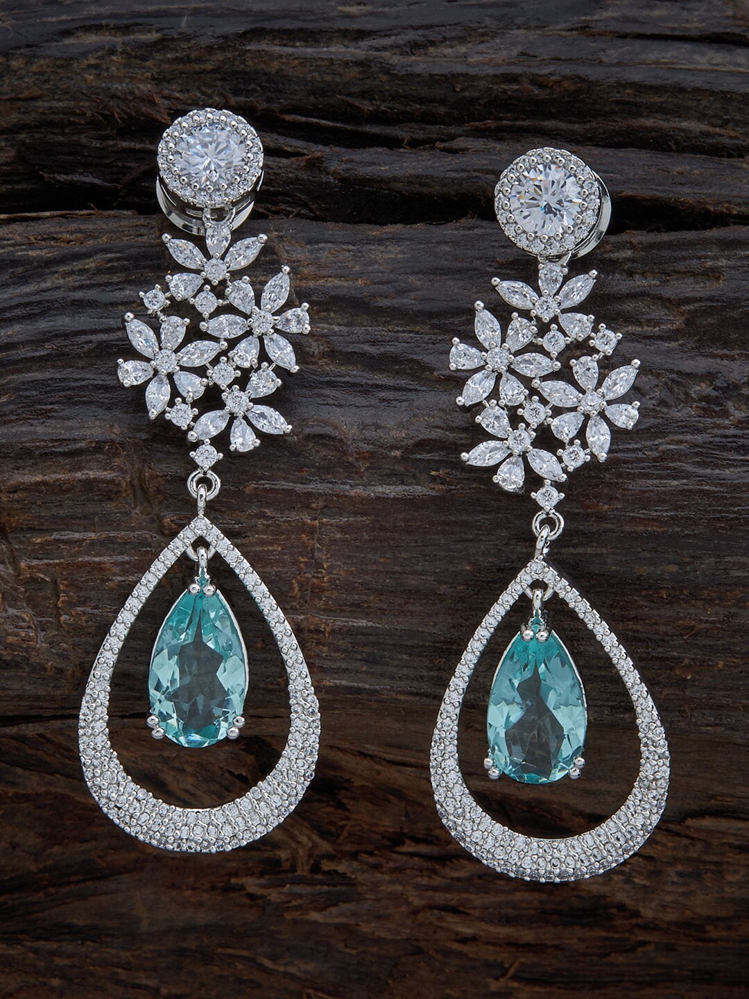 

Kushal's Fashion Jewellery Sea Green CZ Studded Rhodium Plated Teardrop Drop Earrings