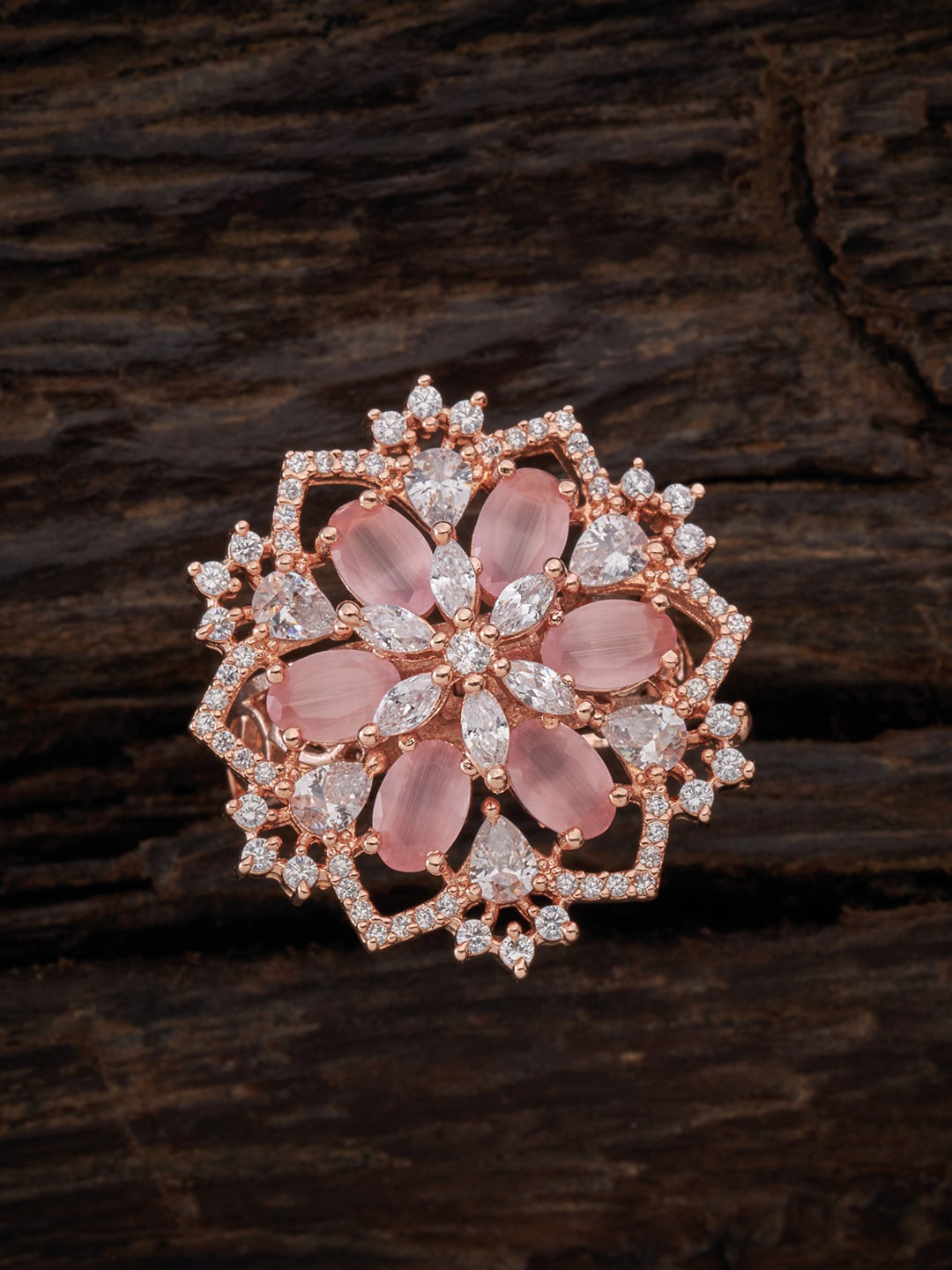 

Kushal's Fashion Jewellery Women Rose-Gold Plated Pink CZ Studded Adjustable Finger Ring