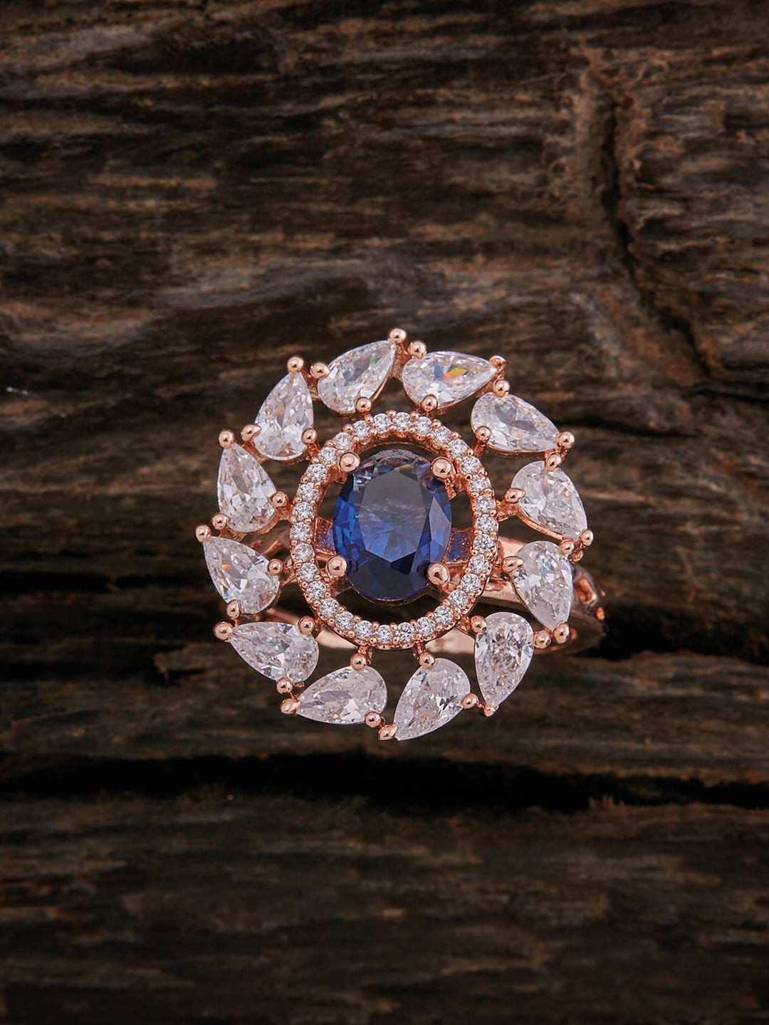 

Kushal's Fashion Jewellery Rose Gold-Plated White & Blue CZ Studded Finger Ring