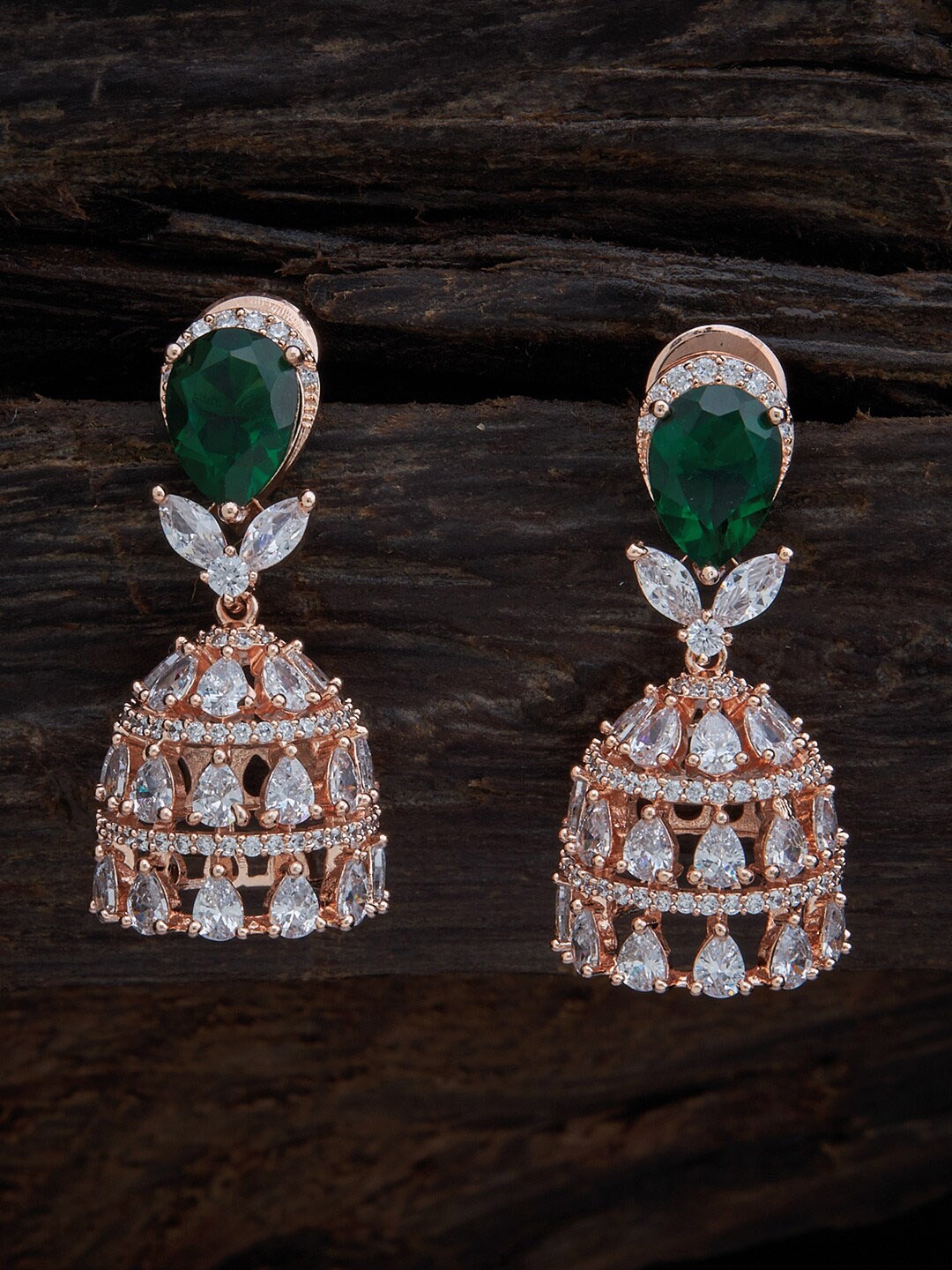 

Kushal's Fashion Jewellery Rose Gold & Green Dome Shaped Jhumkas Earrings