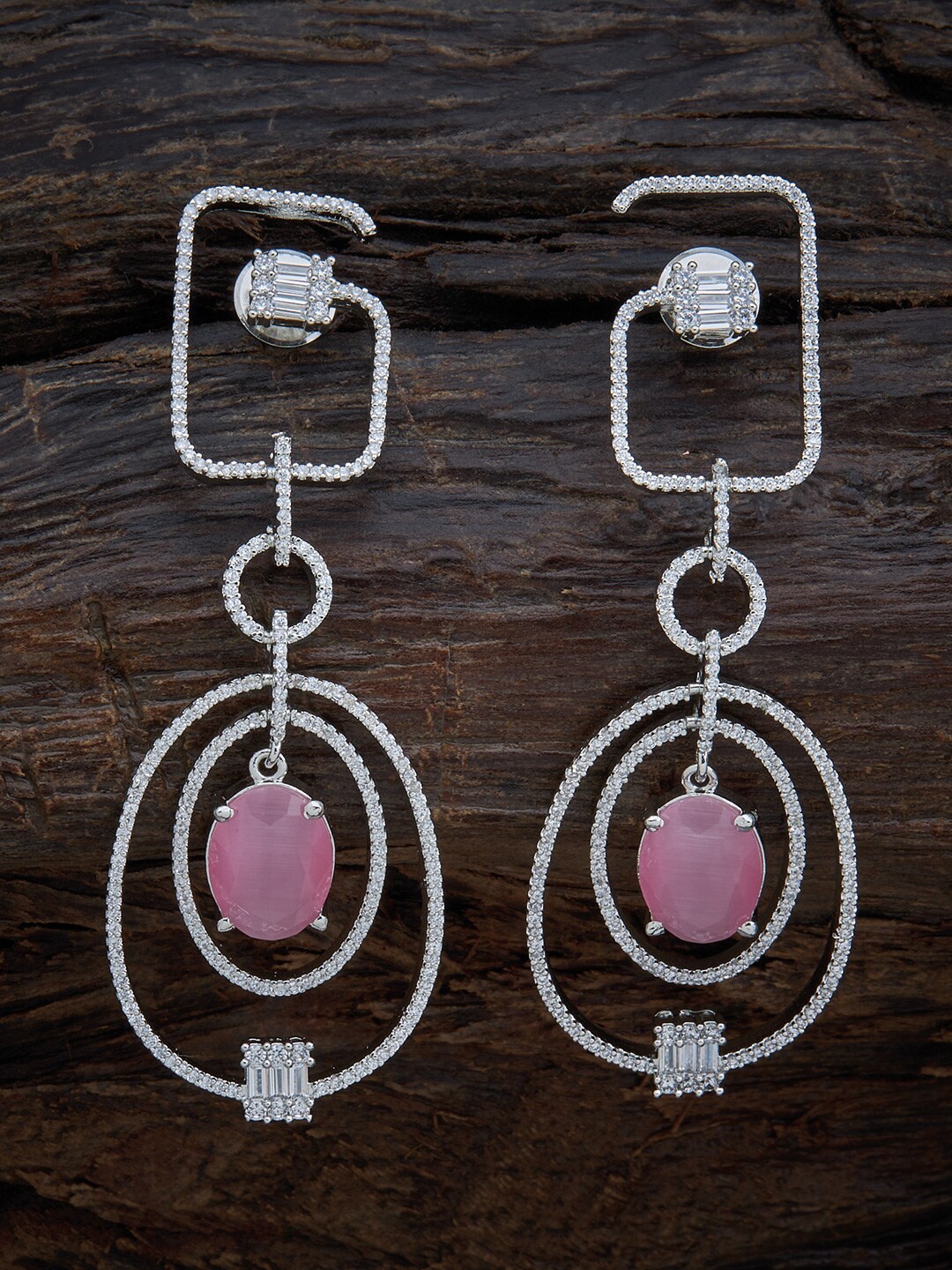 

Kushal's Fashion Jewellery Women White & Pink Sparkling Cubic Zirconia Oval Drop Earrings