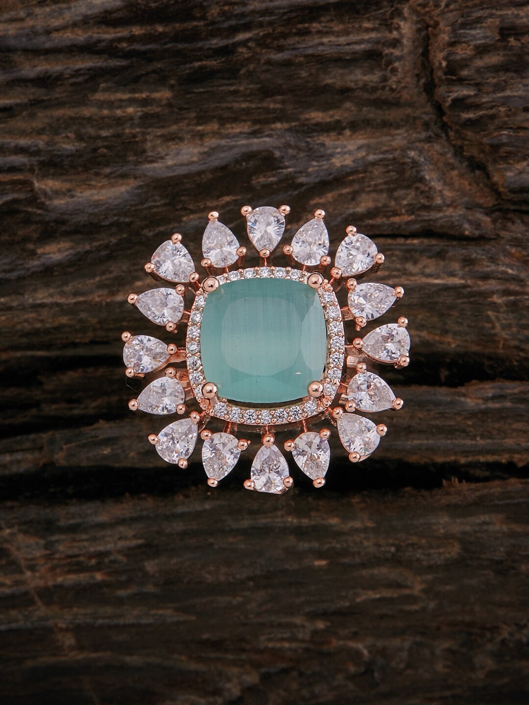 

Kushal's Fashion Jewellery Rose Gold-Plated Sea Green CZ-Studded Finger Ring