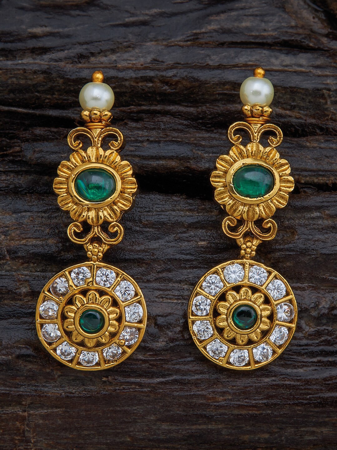 

Kushal's Fashion Jewellery Gold-Toned & Green Stone Studded Circular Drop Earrings