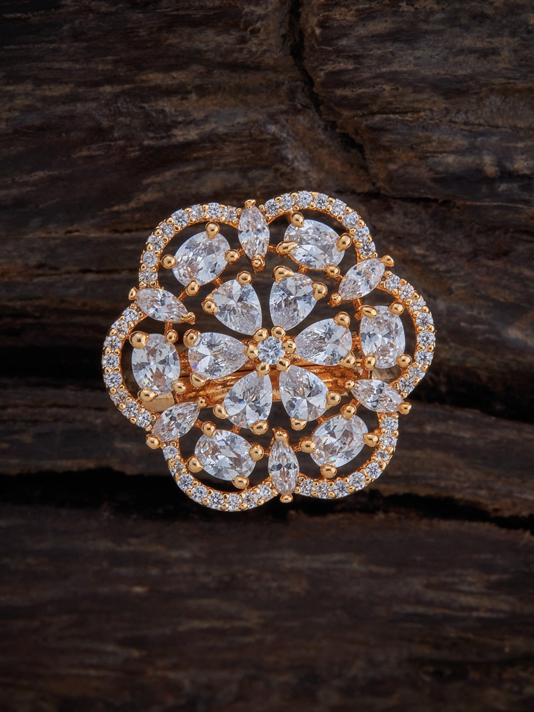 

Kushal's Fashion Jewellery Gold-Plated White CZ-Studded Adjustable Finger Ring
