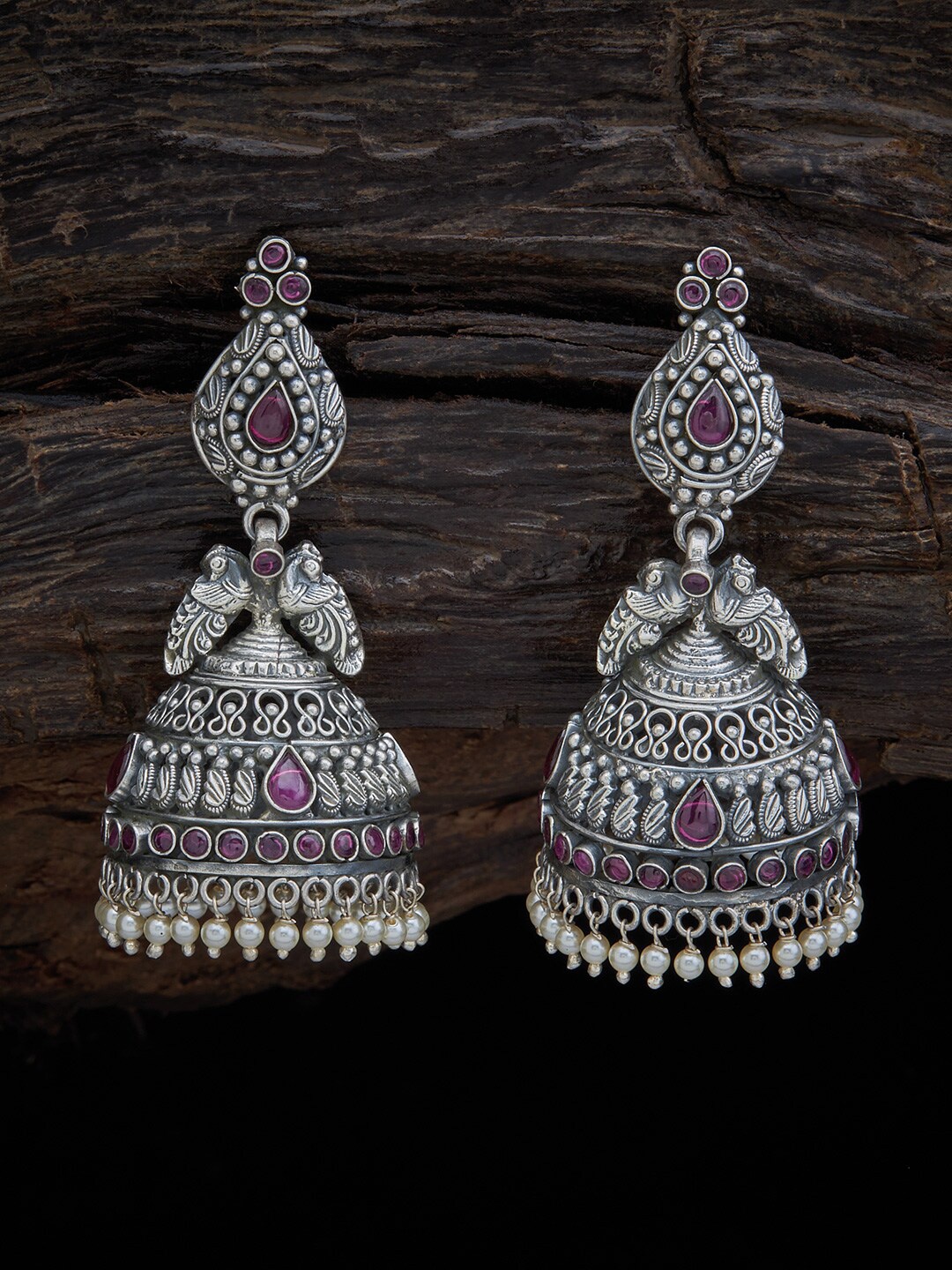 

Kushal's Fashion Jewellery Red & Rhodium Plated Classic Jhumkas Earrings