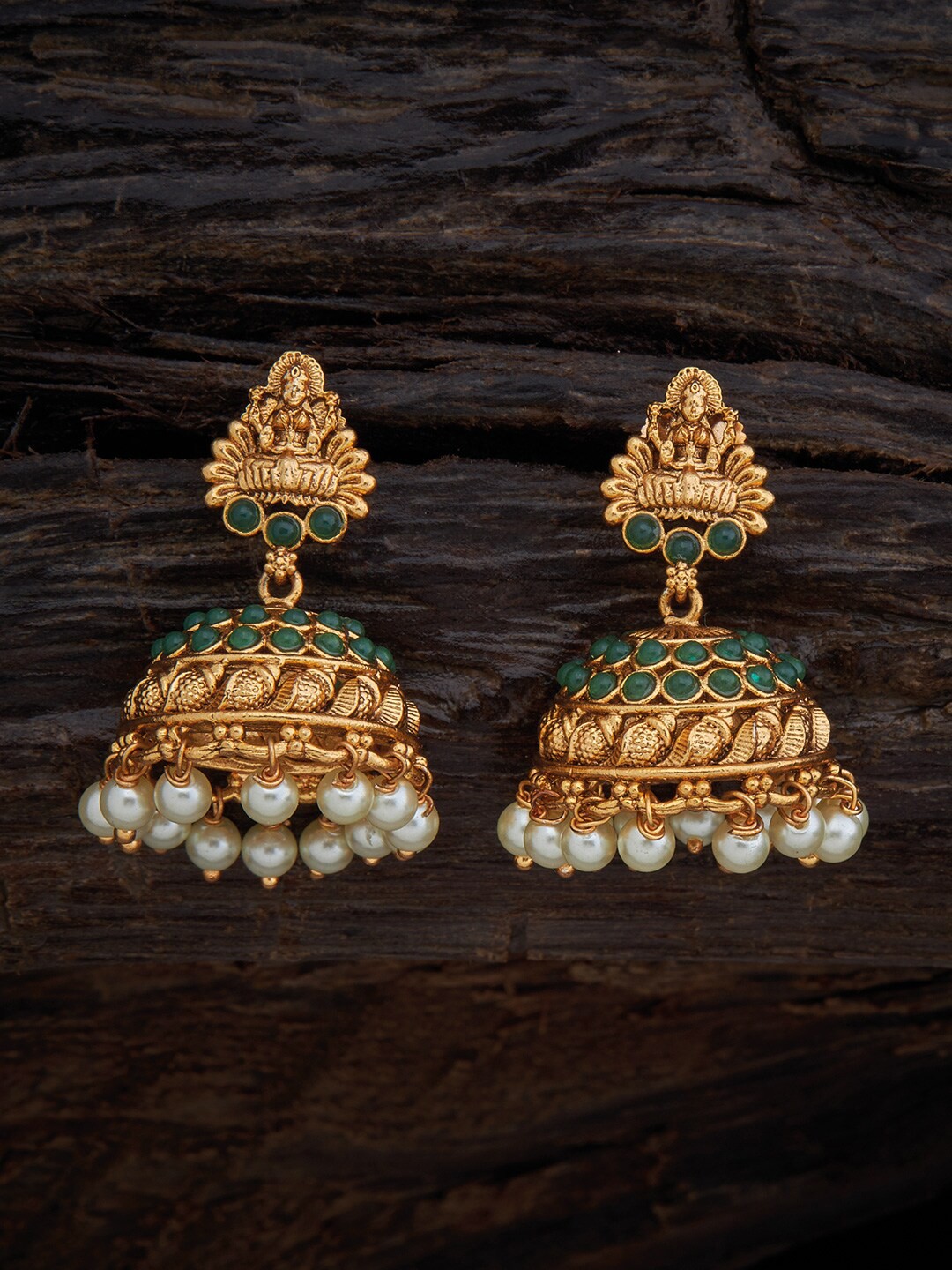 

Kushal's Fashion Jewellery Women Gold-Toned & Green Classic Jhumkas Earrings