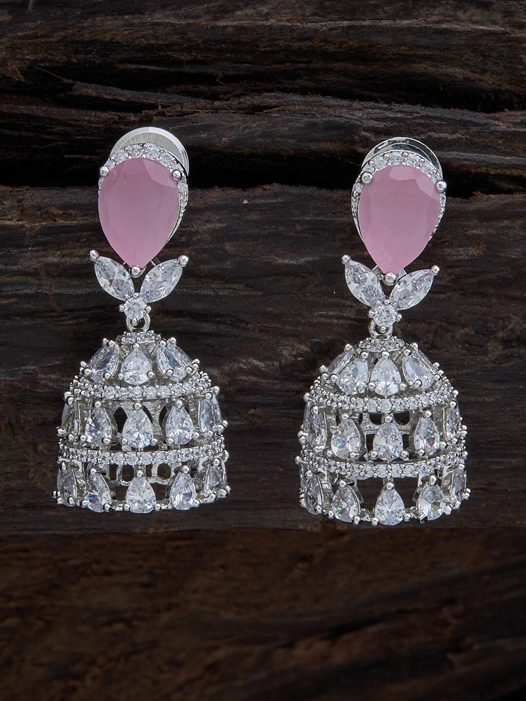 

Kushal's Fashion Jewellery Pink & White Rhodium Plated Dome Shaped Drop Earrings