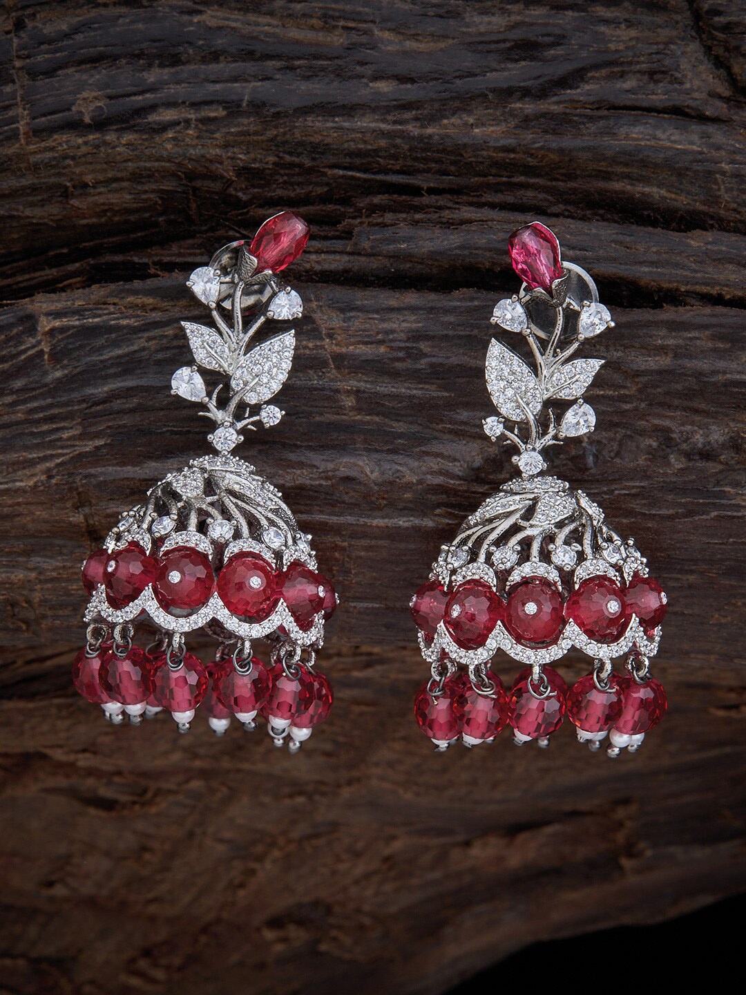 

Kushal's Fashion Jewellery Rhodium-Plated Red Floral Jhumkas Earrings, Silver