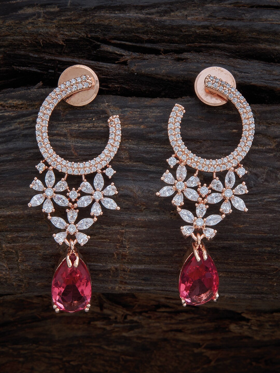 

Kushal's Fashion Jewellery Women Rose Gold & White Cubic Zirconia Floral Drop Earrings