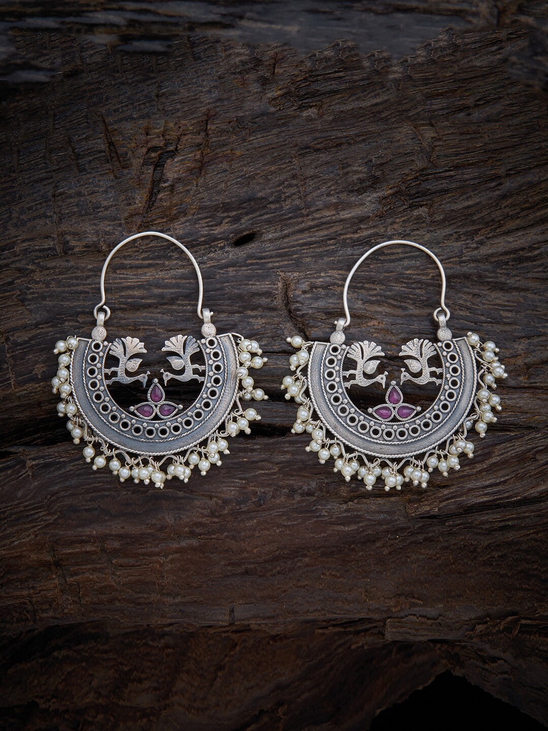 

Kushal's Fashion Jewellery Women Pink Rhodium-Plated Oxidised Hoop Earrings